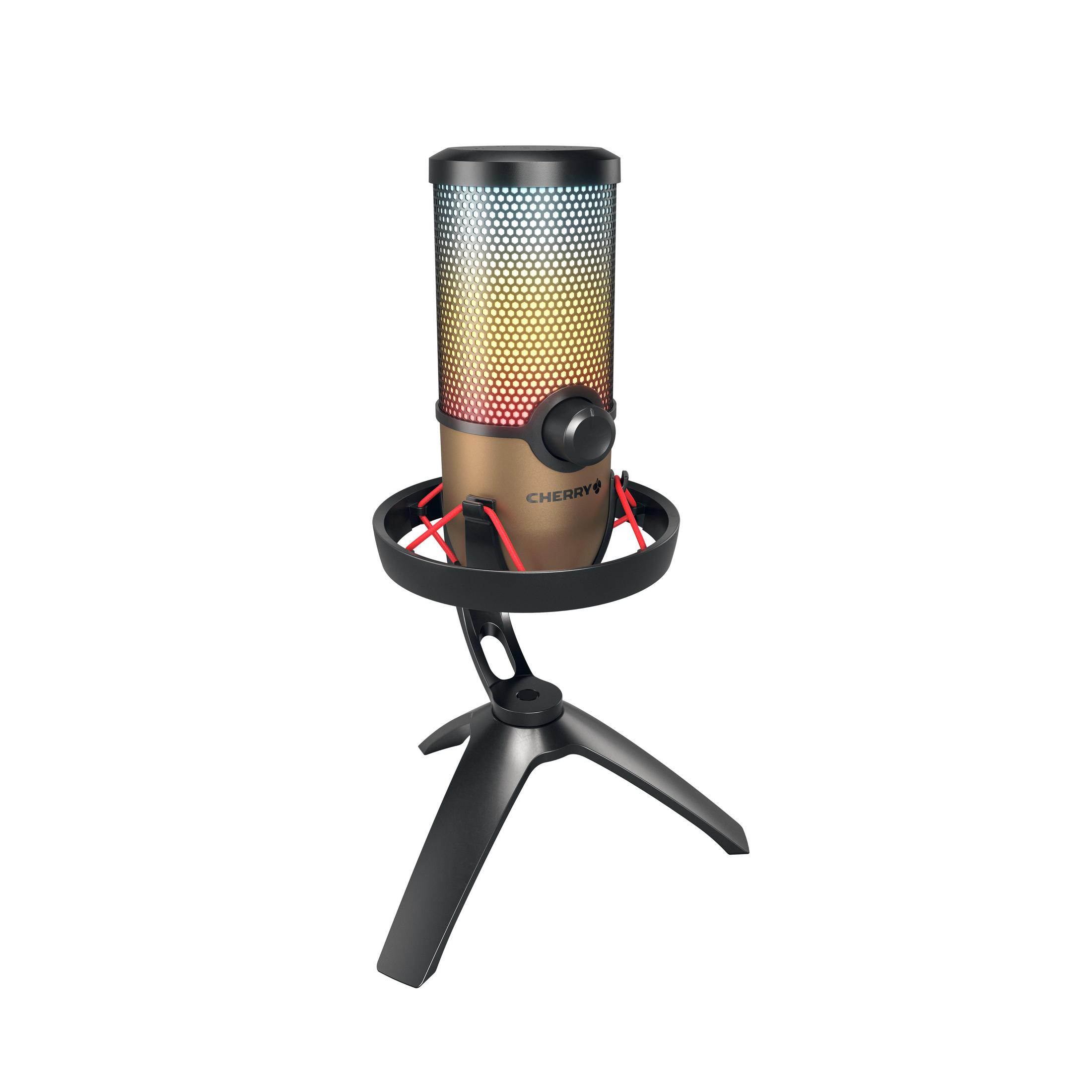 A microphone with a black base. The microphone is gold, and the front is lit with changing colors.