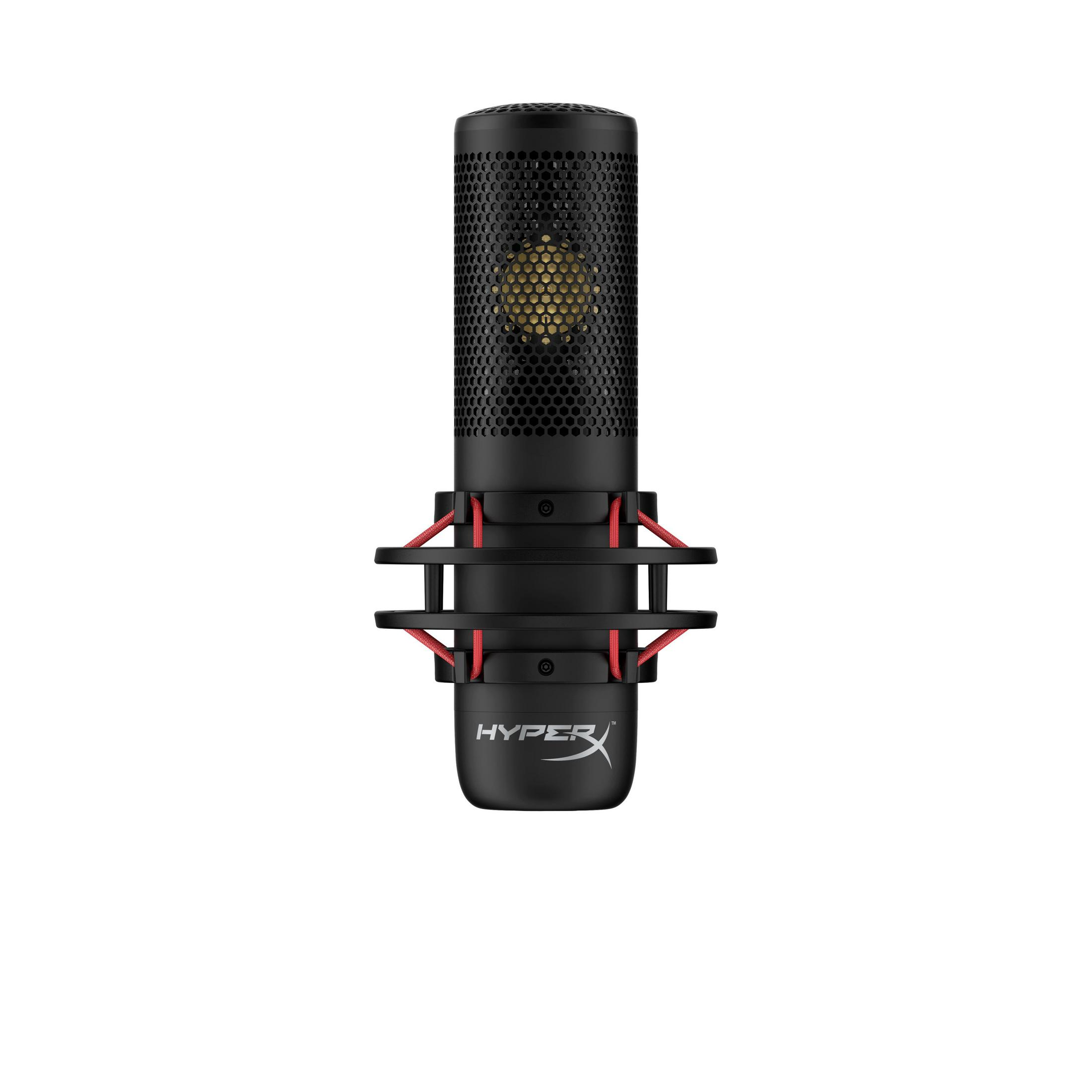 Microfono nero con una rete rossa. HYPERX è scritto sopra.