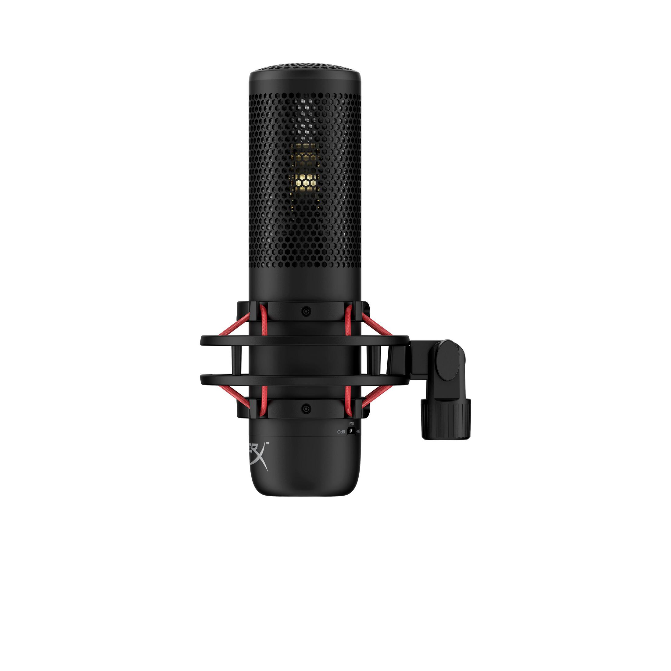 Un microfono HyperX nero con una rete rossa e una base nera, sfondo bianco.