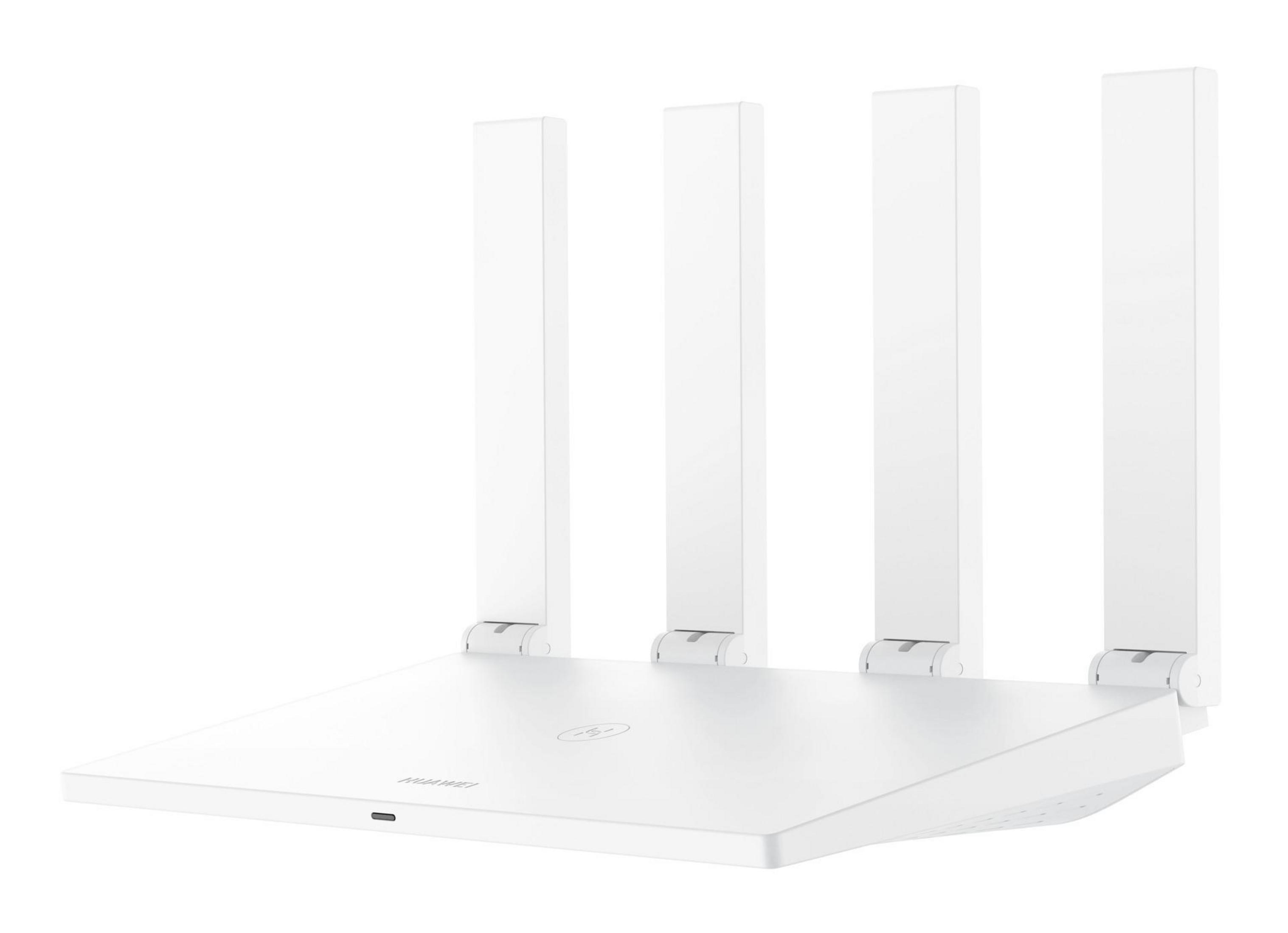 Biały router z czterema antenami.