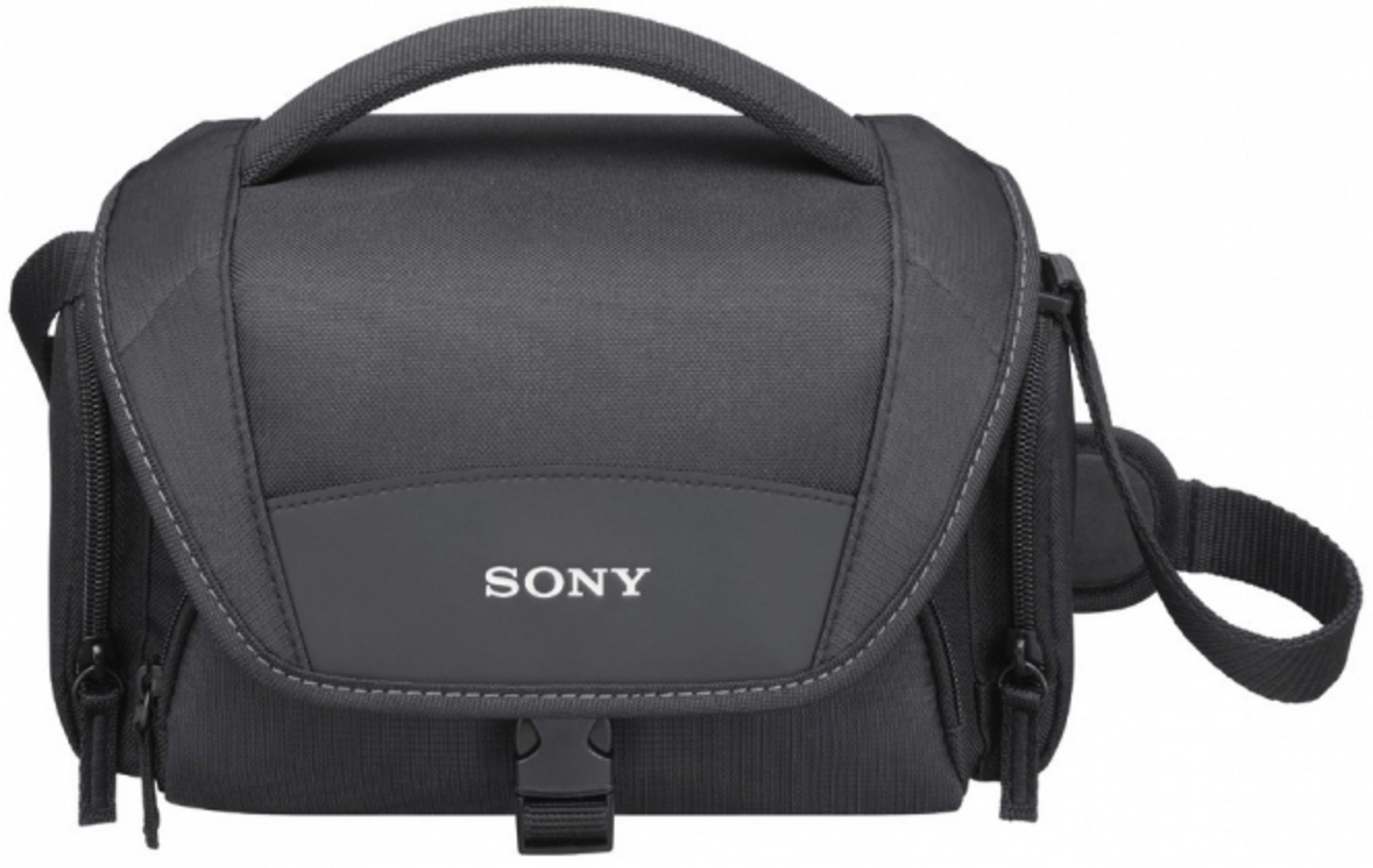 Sac photo noir avec le logo SONY, sur fond blanc. Le sac a une bandoulière.