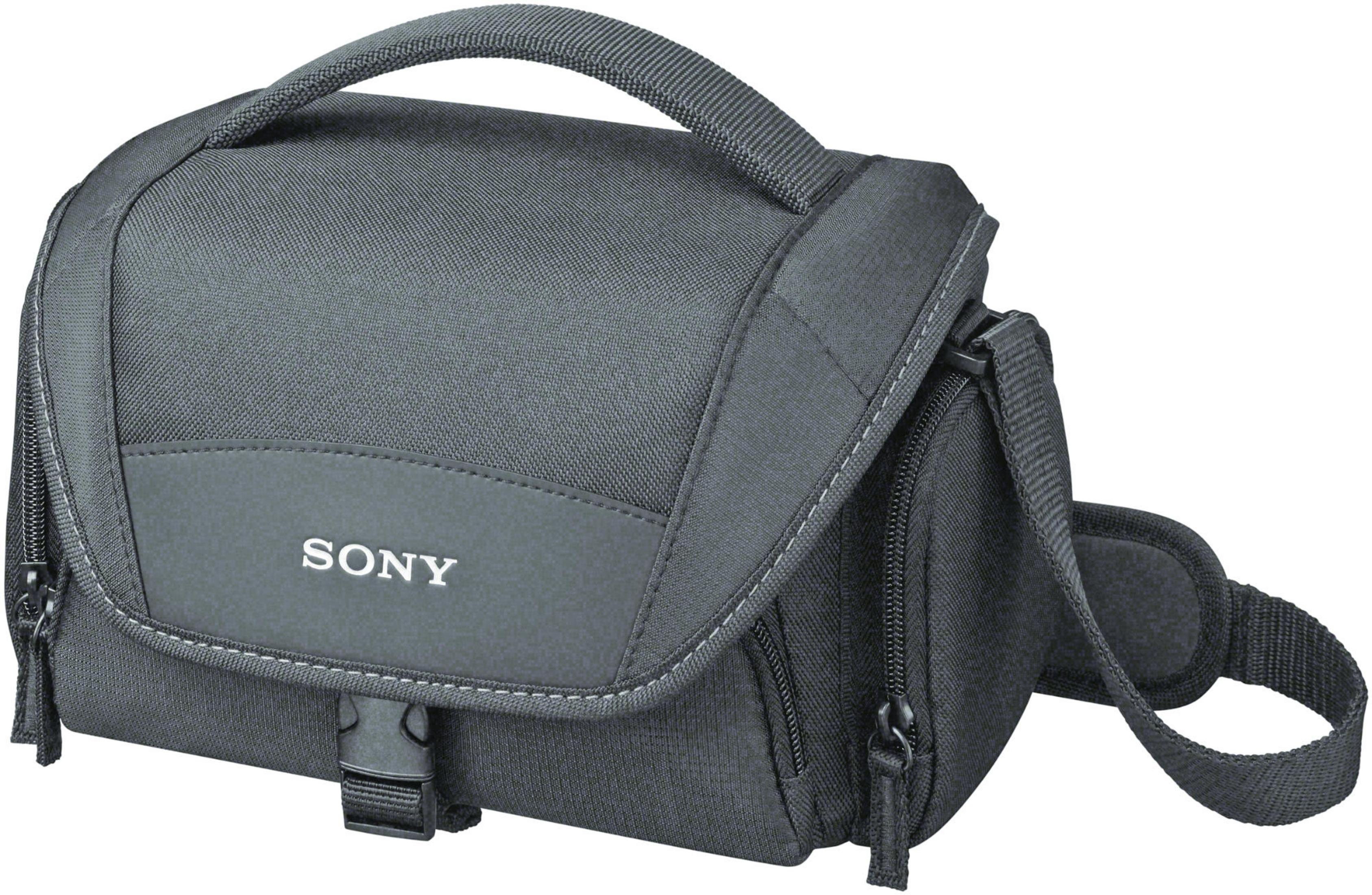 Un sac photo Sony gris avec une bandoulière et une poche avant.