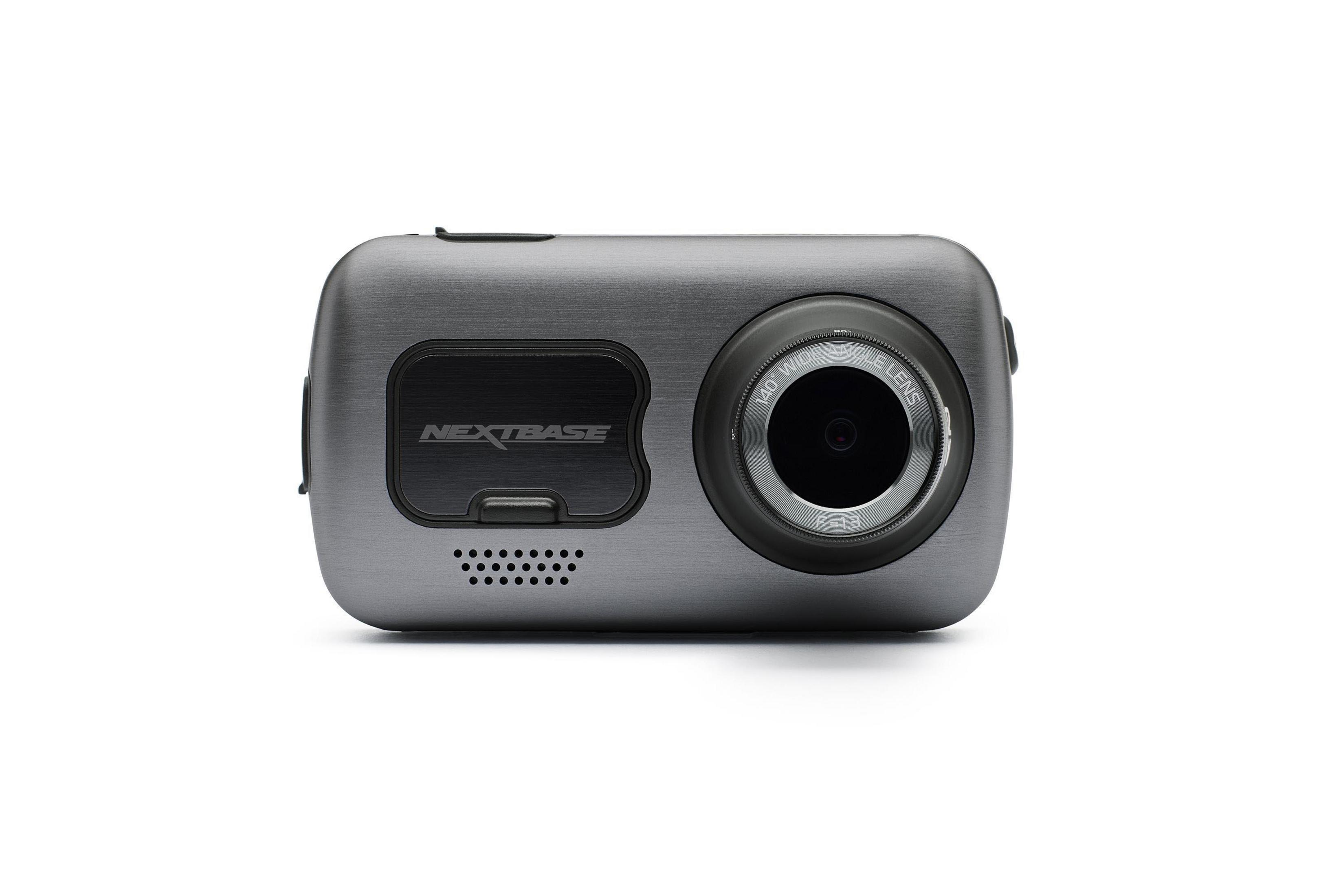 Graue Dashcam mit Linse, Mikrofon und Nextbase-Logo auf weißem Untergrund.