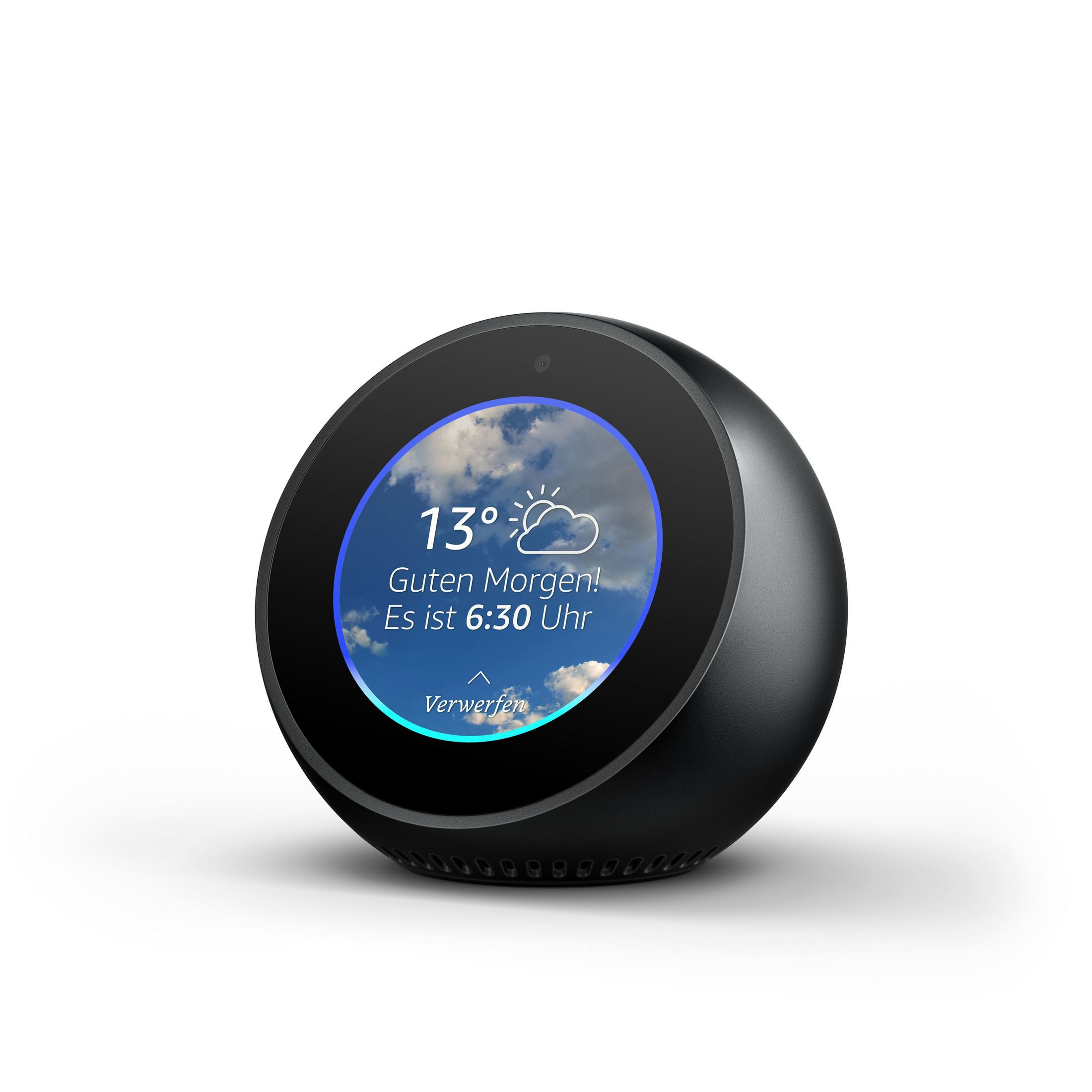 Schwarze Smart-Uhr, die Wetter und Uhrzeit anzeigt. Weißer Hintergrund.