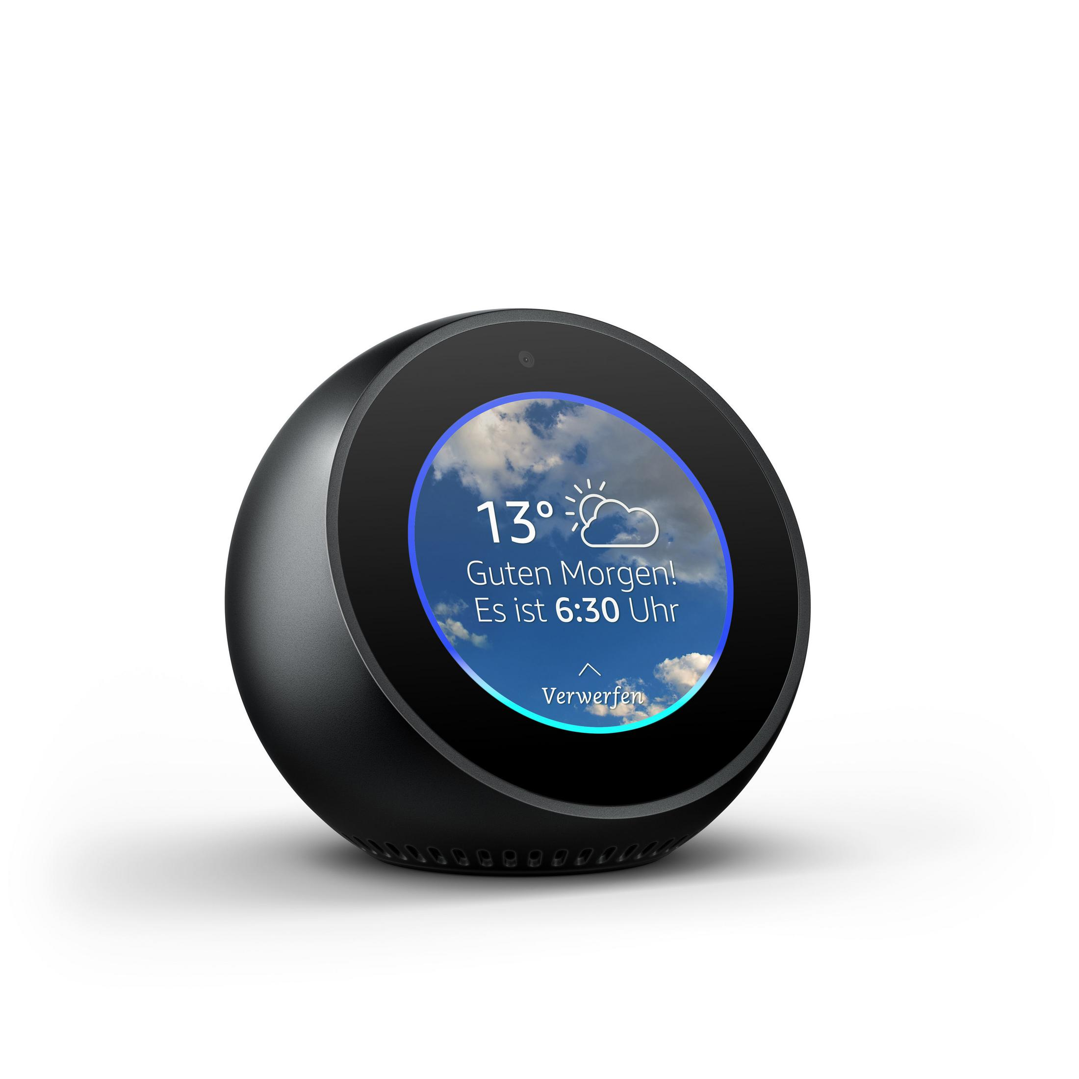 Ein schwarzes, kugelförmiges Smart-Home-Gerät zeigt eine Wettervorhersage und die Uhrzeit an.