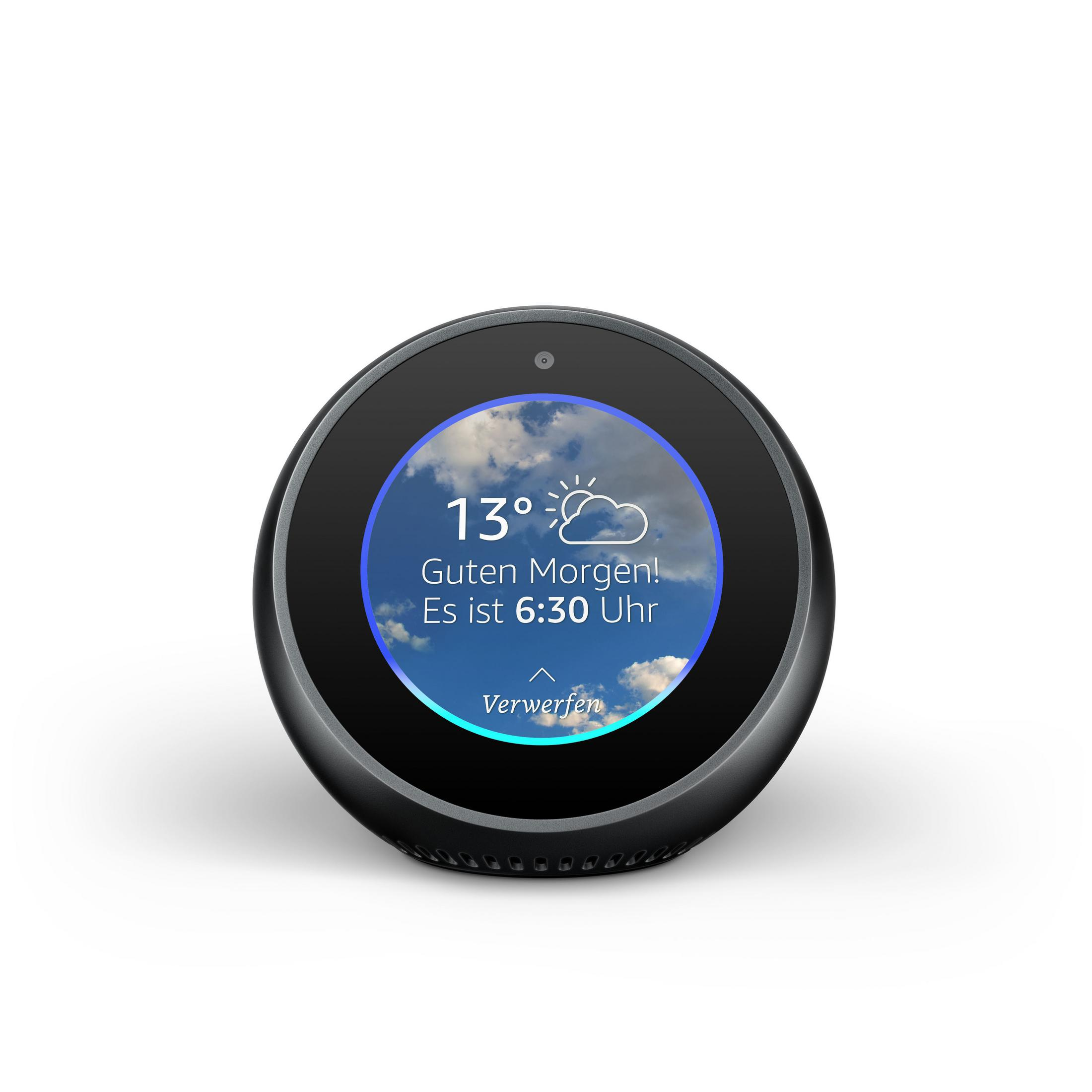 Ein Smart-Home-Gerät zeigt Wetter und Uhrzeit. Der Bildschirm ist schwarz mit weißem Text und blauem Himmel.