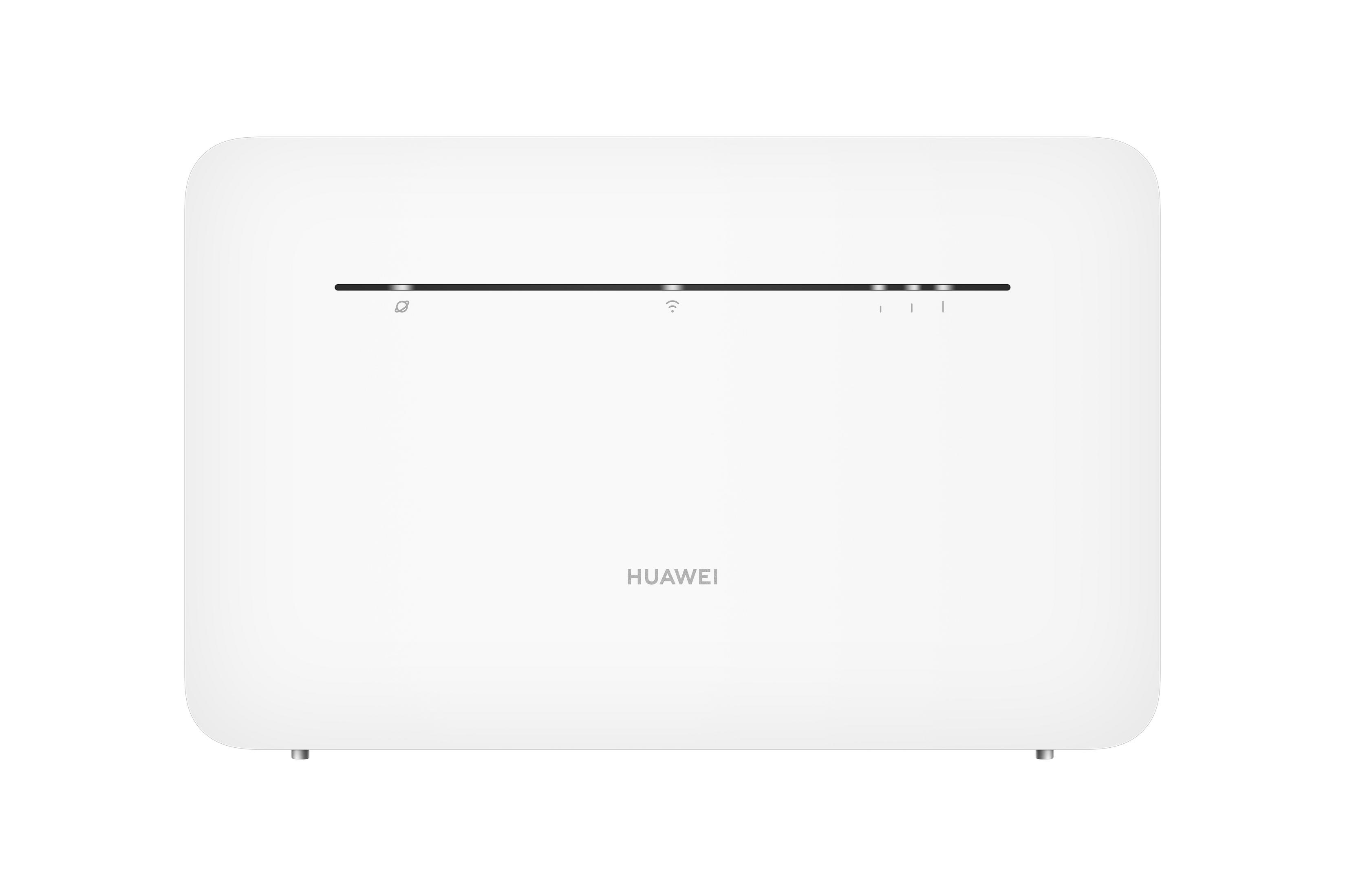 Biały router Huawei ze wskaźnikami i nazwą marki, prosty design.