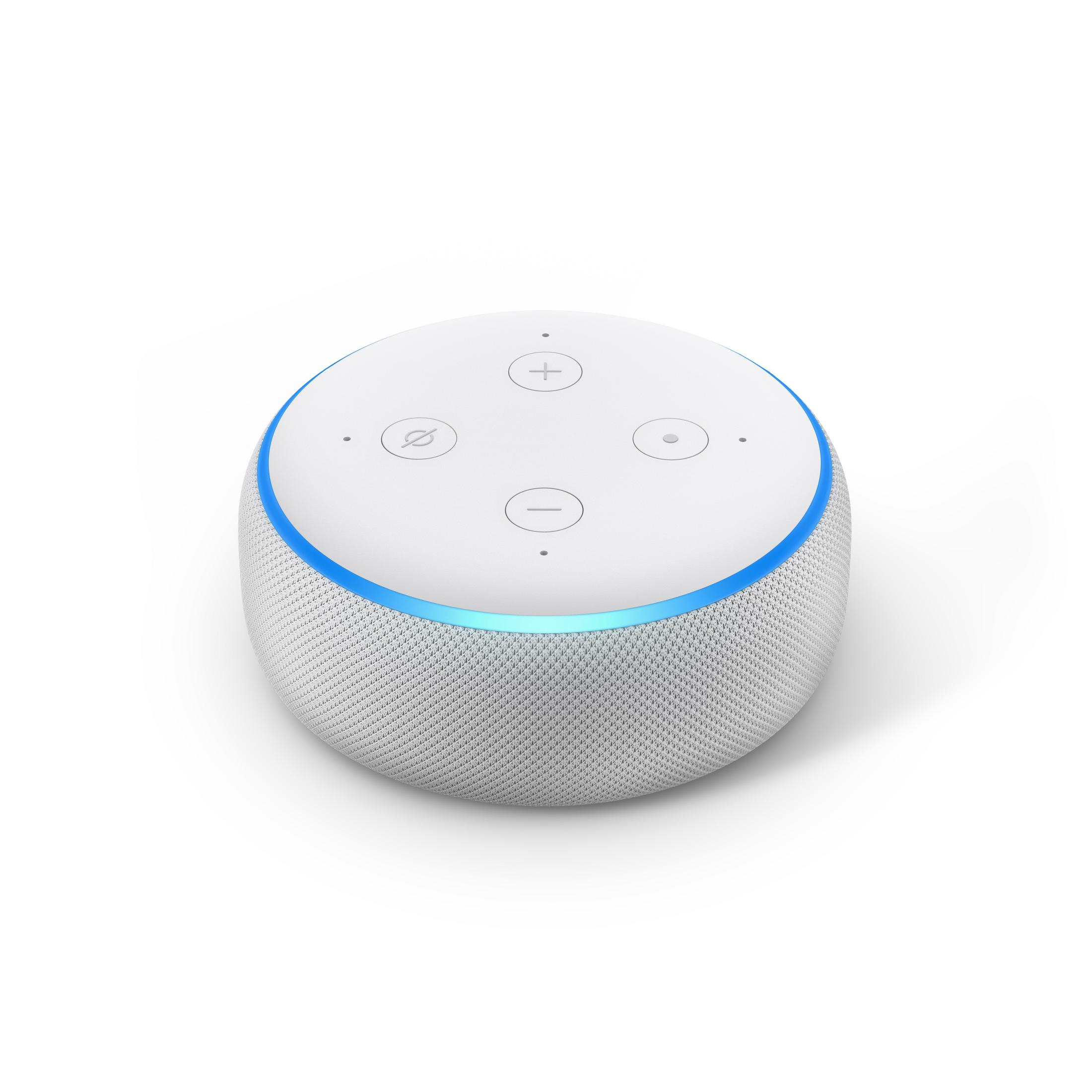 Weißer Smart-Lautsprecher mit blauem Lichtring und Touch-Bedienelementen oben.