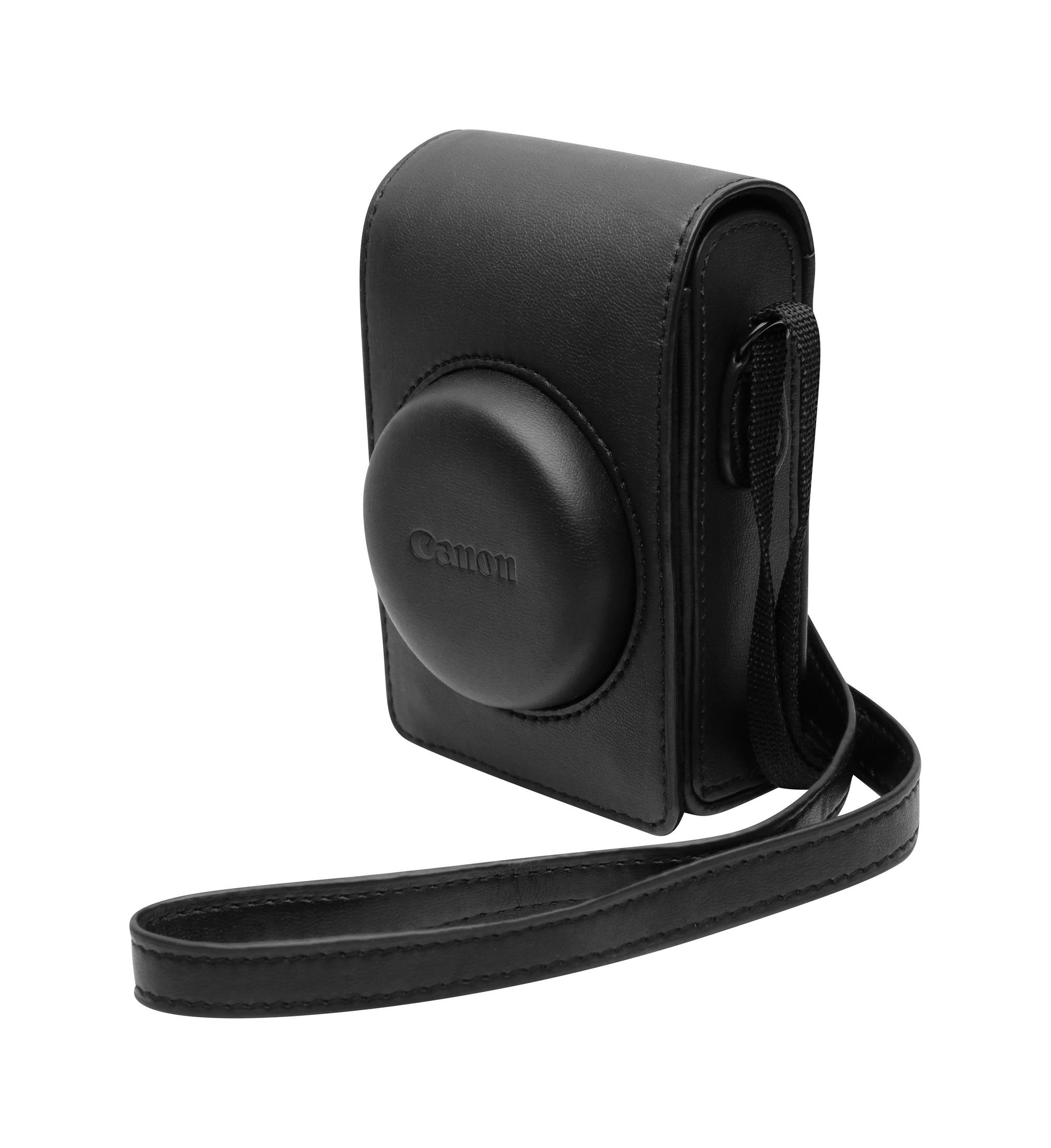Black Canon camera case with a strap. The Canon logo is on the front.