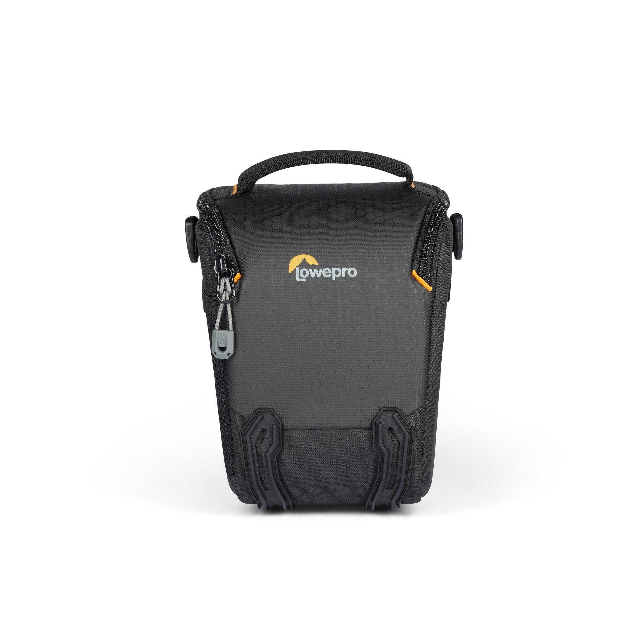 Black camera bag with the 'Lowepro' logo. It has orange zippers and a handle.