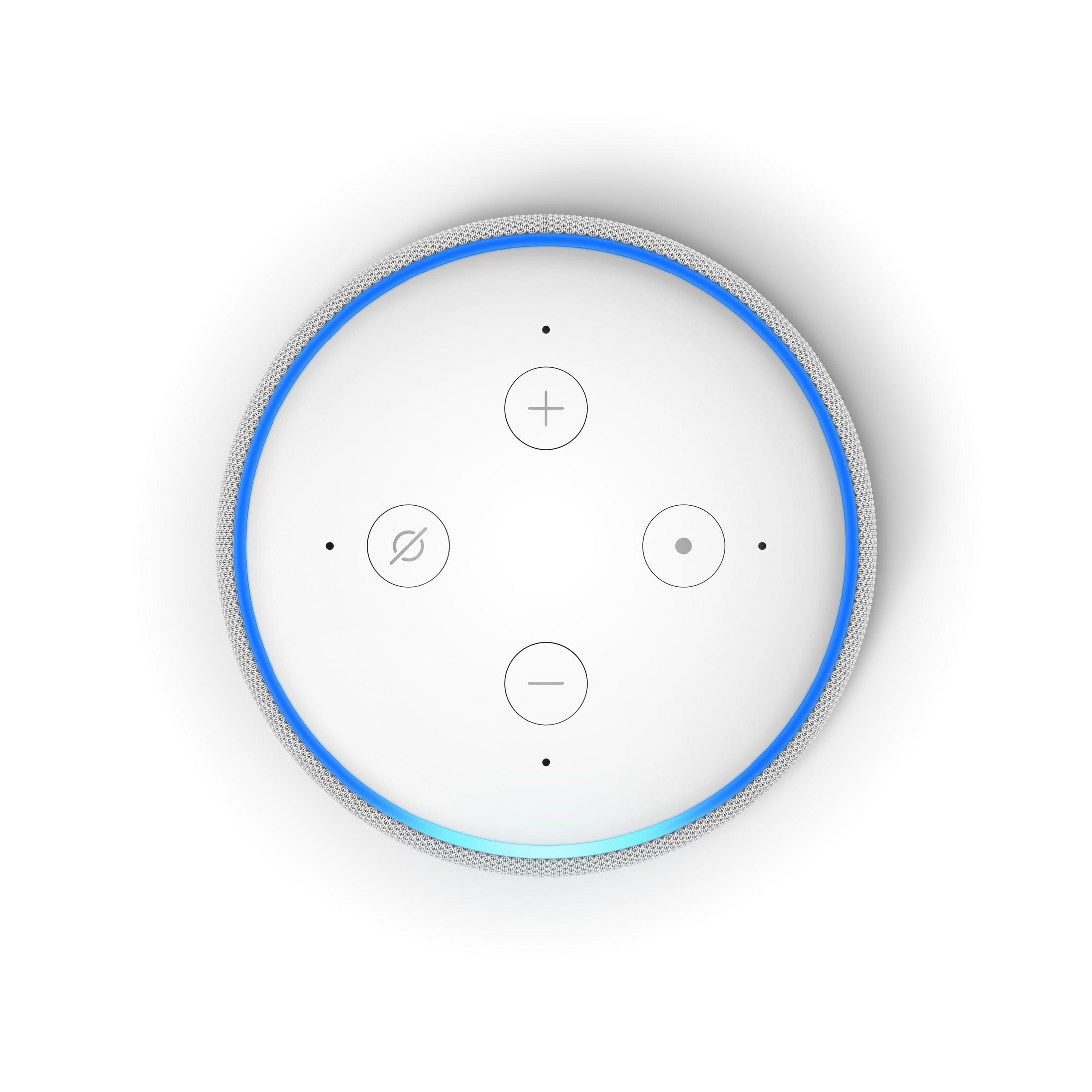 Draufsicht auf ein weißes Smart-Home-Gerät mit blauem Lichtring. Es hat Touch-Bedienelemente.