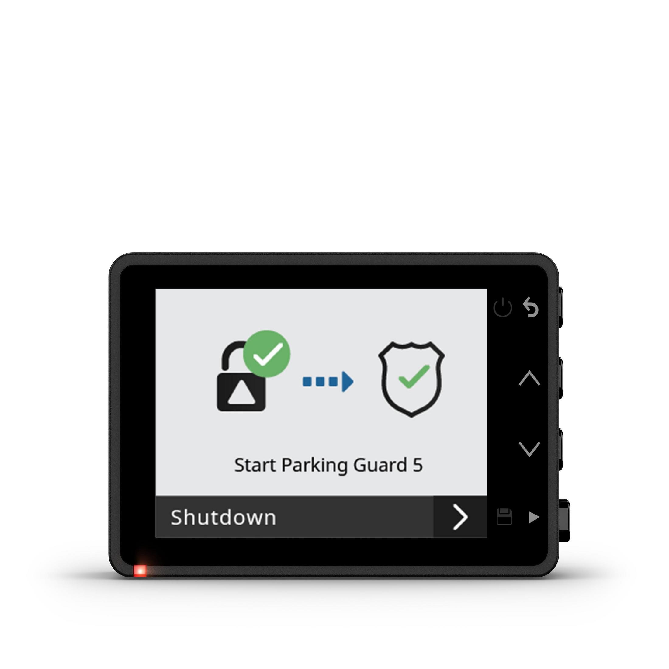 Dispositivo Garmin negro que muestra un candado con una marca de verificación. Fondo blanco.