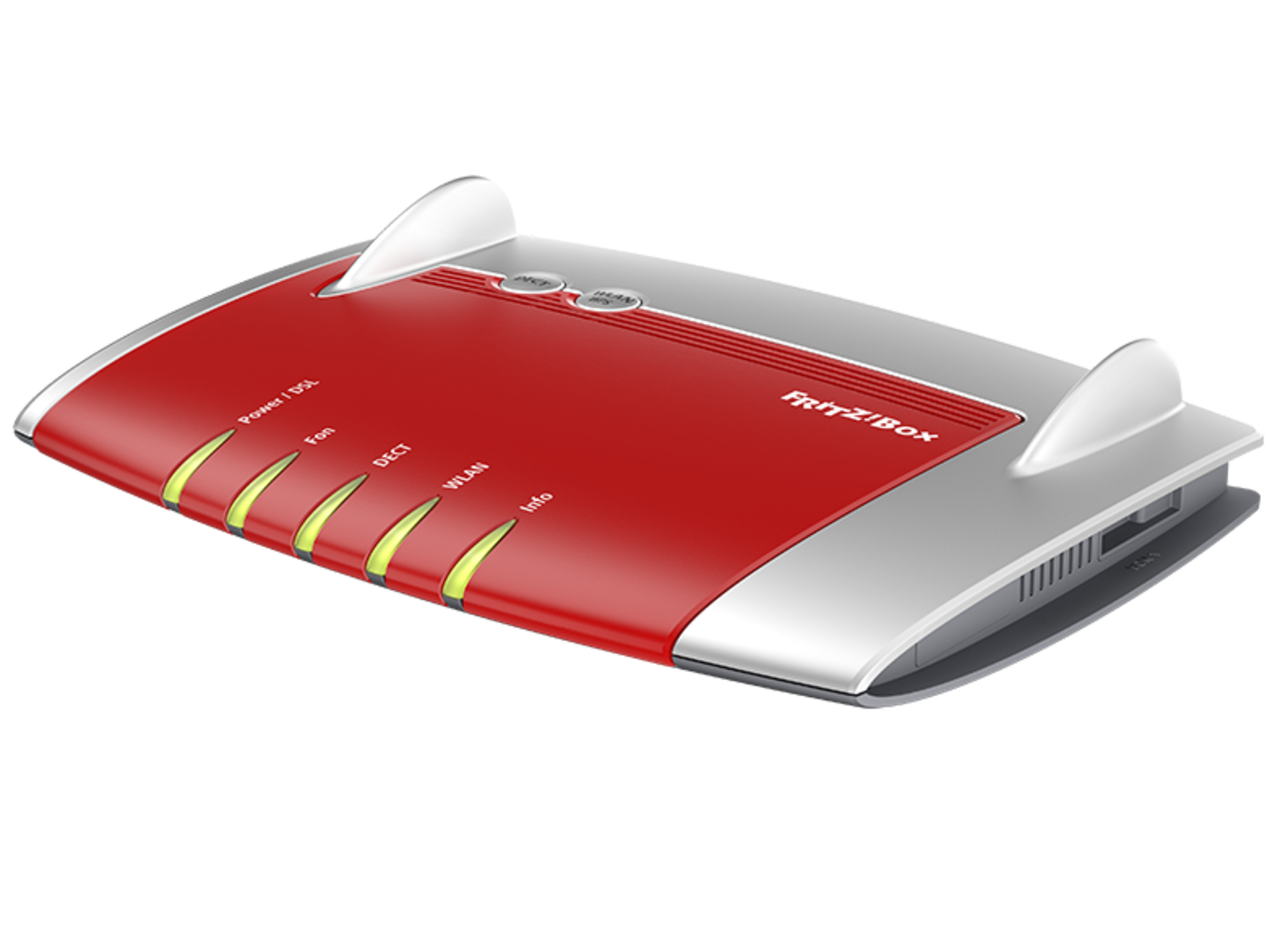 Roter und silberner Router auf weißem Hintergrund. Friz!Box-Logo auf dem Gerät.
