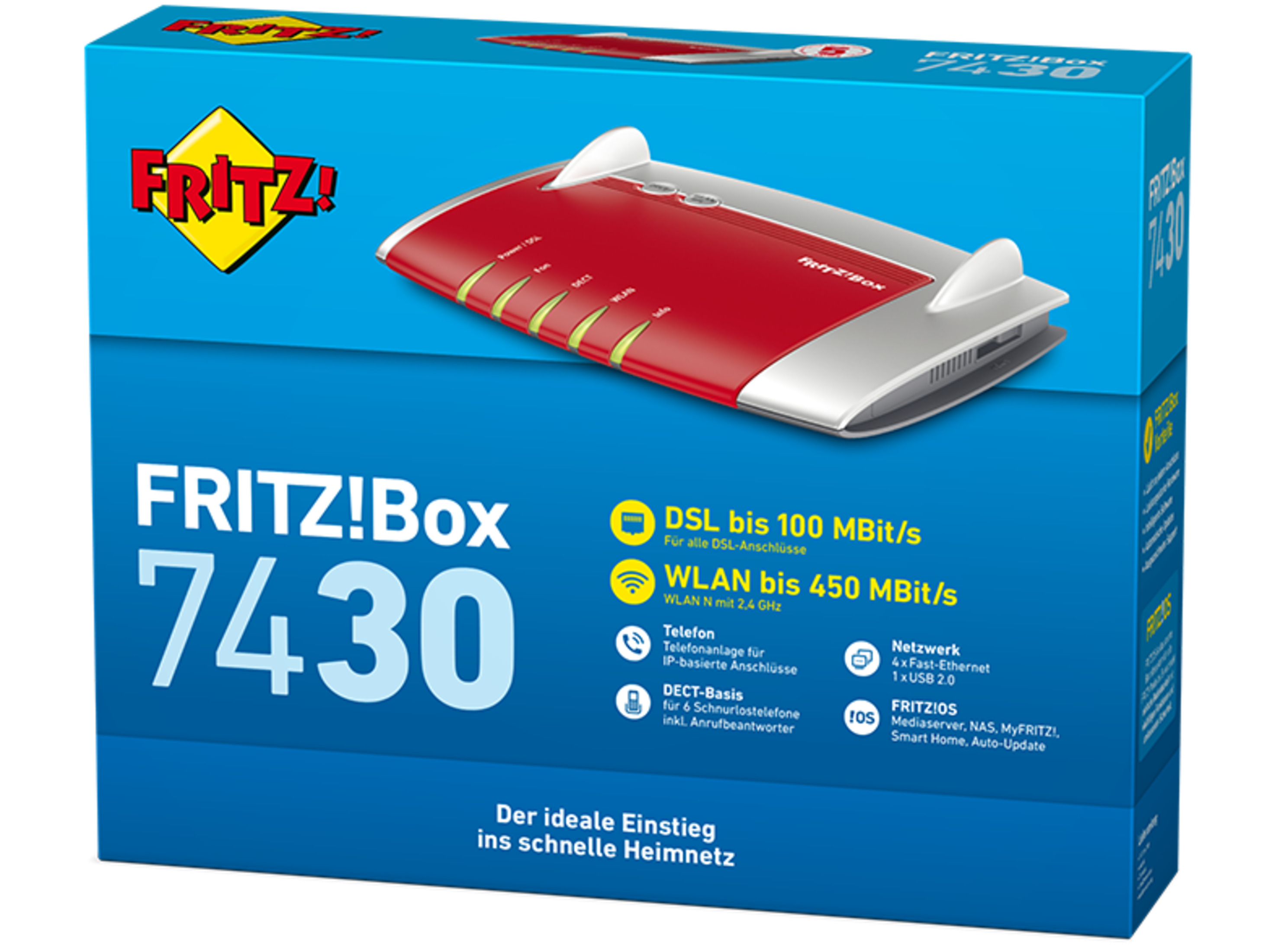 Blaue Box mit rotem und weißem Router und Text über die Funktionen.