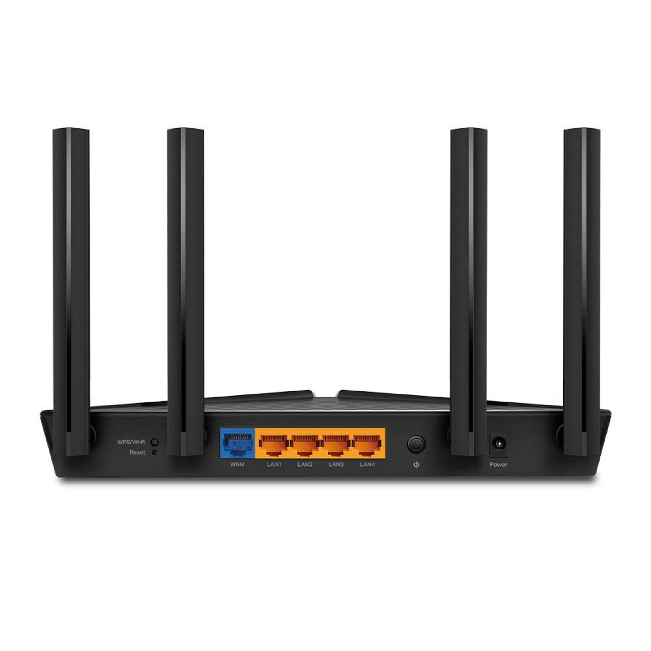 Czarny router z antenami, portami oznaczonymi WAN, LAN1-4, zasilaniem i WPS/Wi-Fi.