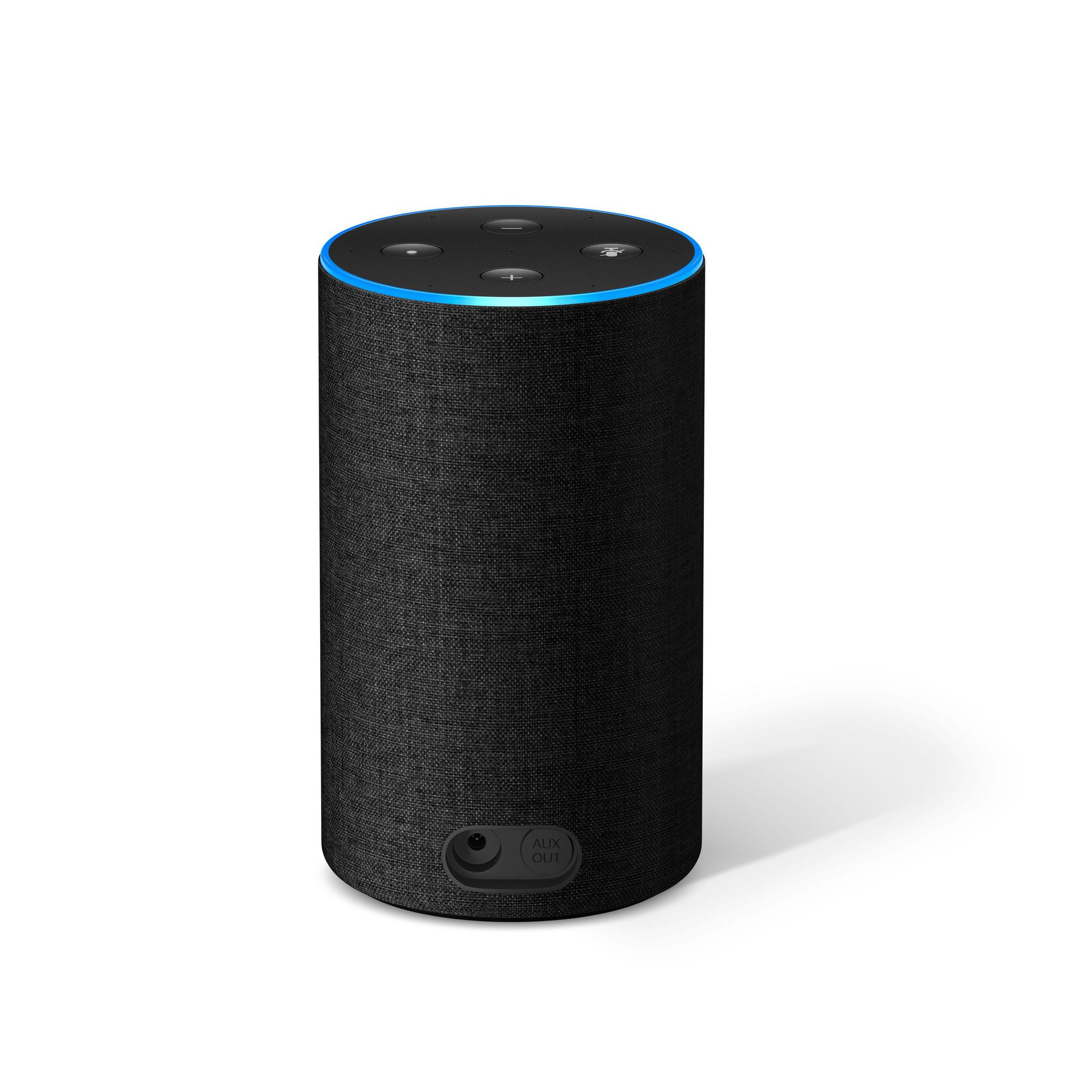 Schwarzer zylindrischer Smart-Lautsprecher mit blauem Lichtring oben.
