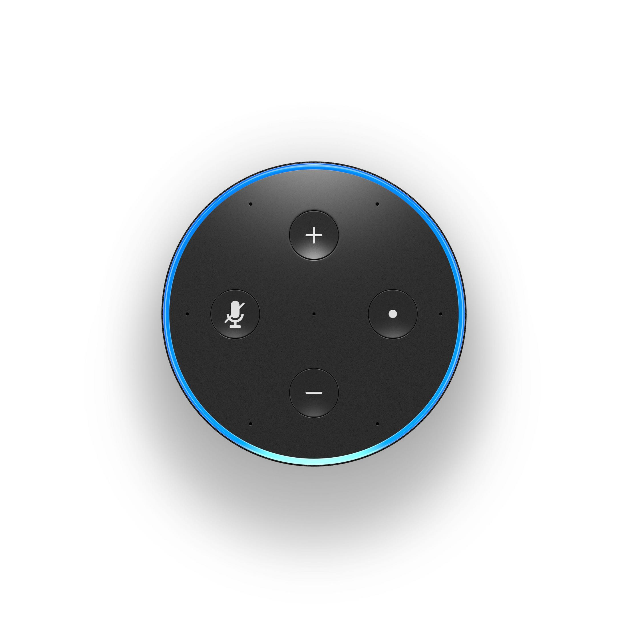 Schwarzer Smart Speaker mit blauem Lichtring. Plus-, Minus-, Mikrofon- und Aktionstasten.