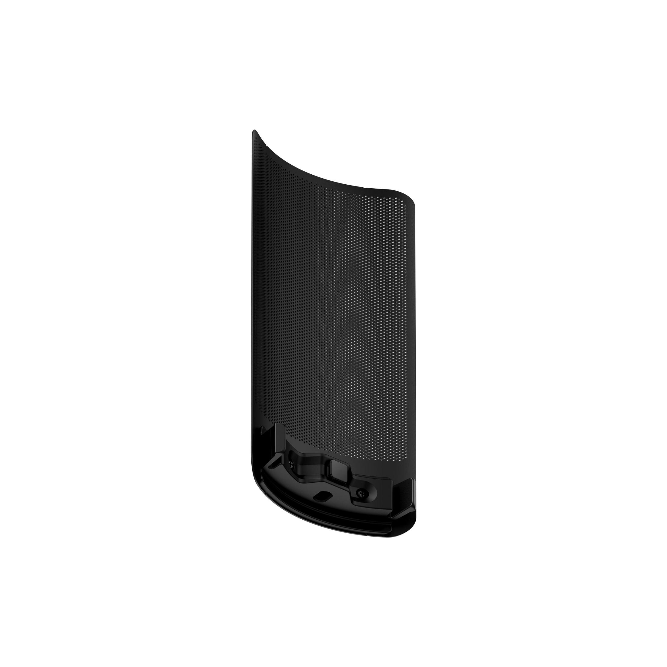 Schwarze, gebogene Lautsprecherabdeckung. Sie hat ein Mesh-Design und einen schwarzen Sockel.