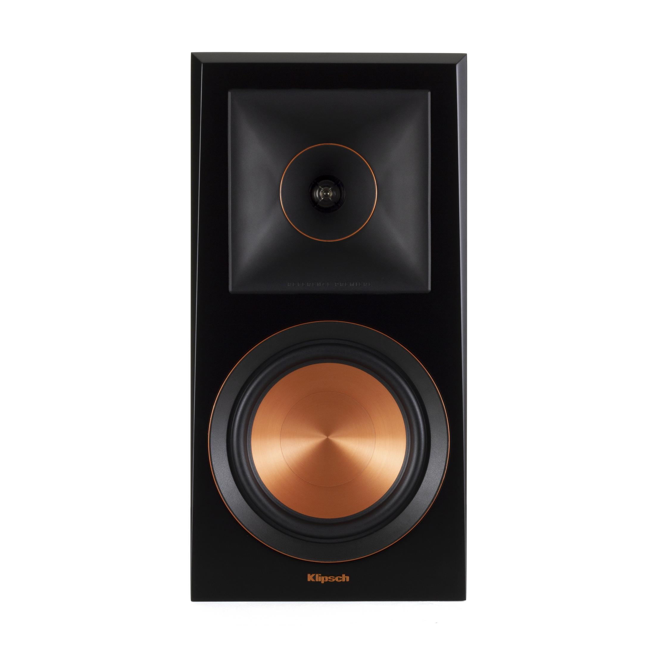 Altoparlante Klipsch nero con un tweeter e un woofer color rame.