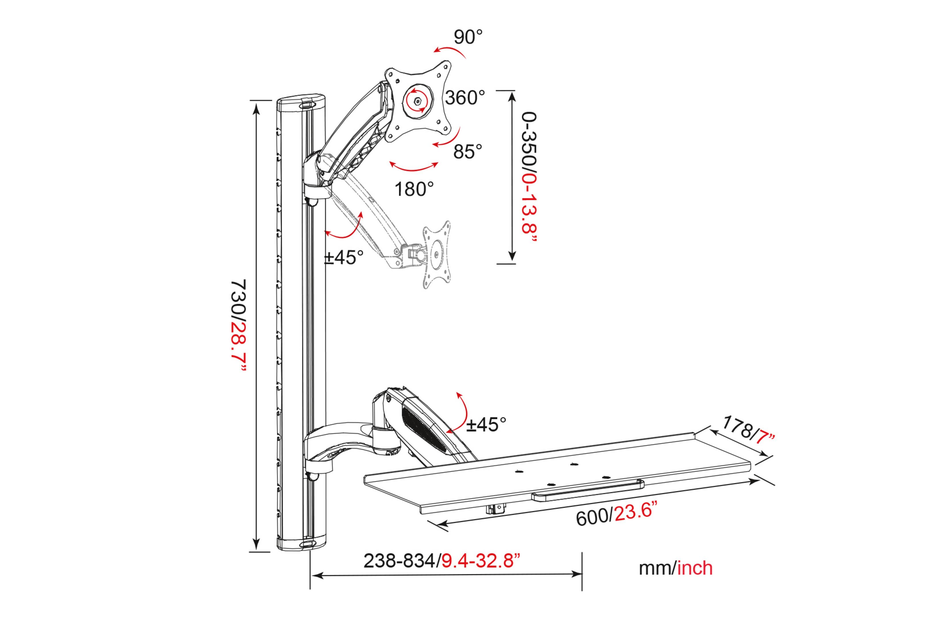 Ramię monitora z wymiarami w kolorze czerwonym. Dołączona klawiatura i uchwyt monitora.
