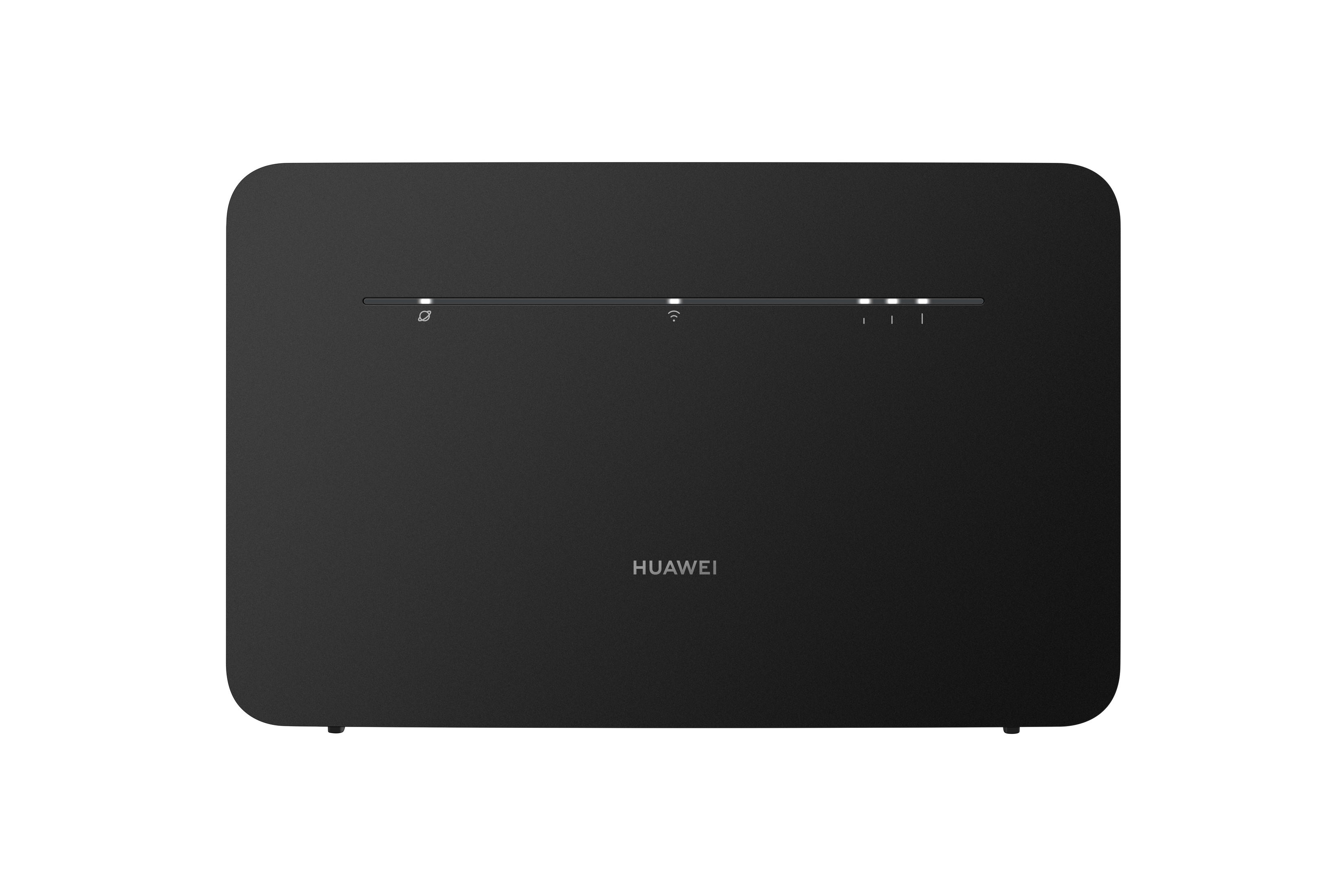 Schwarzer Huawei-Router. Der Router hat mehrere Kontrollleuchten auf der Oberseite.