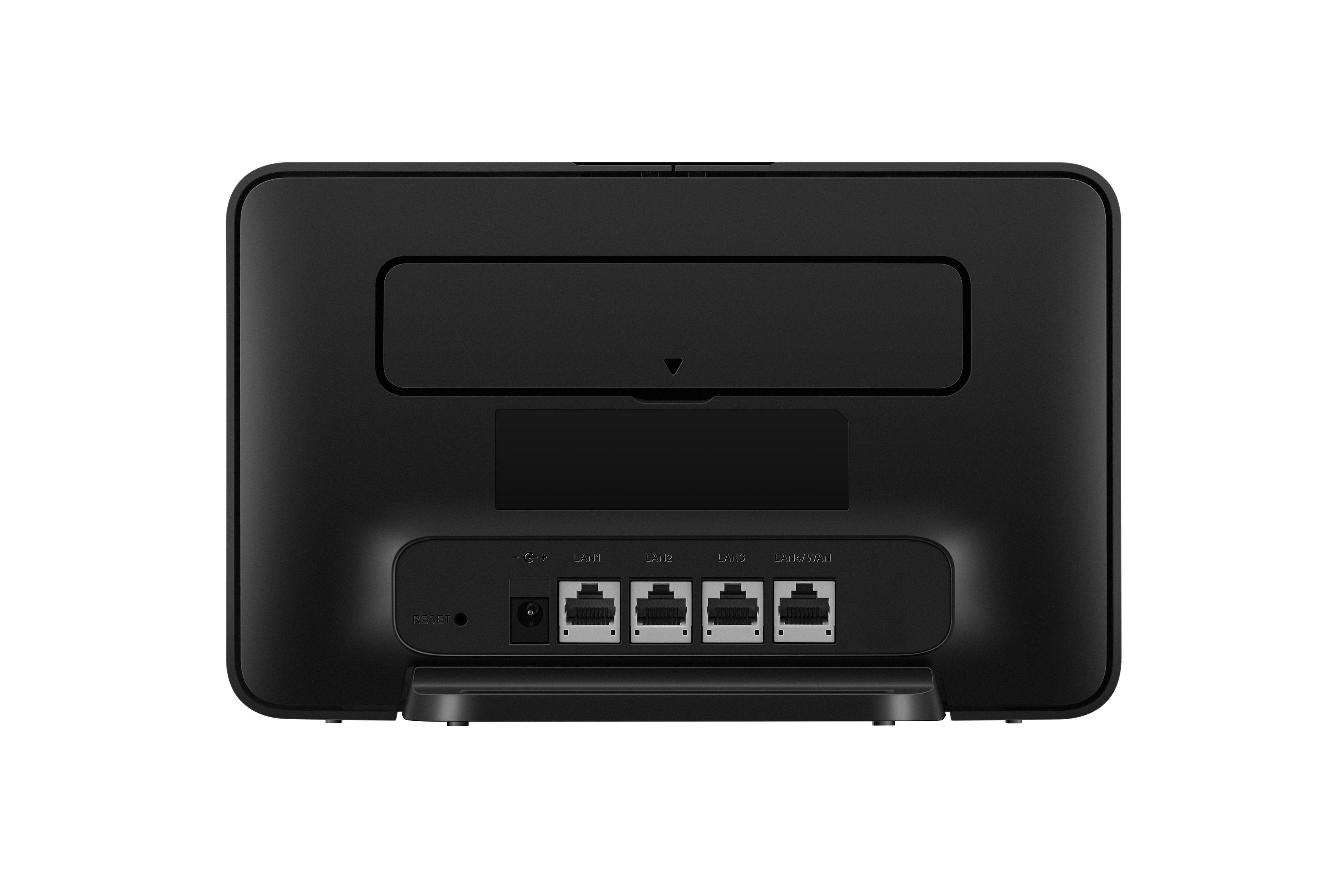 Schwarzer Router, Rückansicht, mit Anschlüssen und Beschriftungen. Weißer Hintergrund.