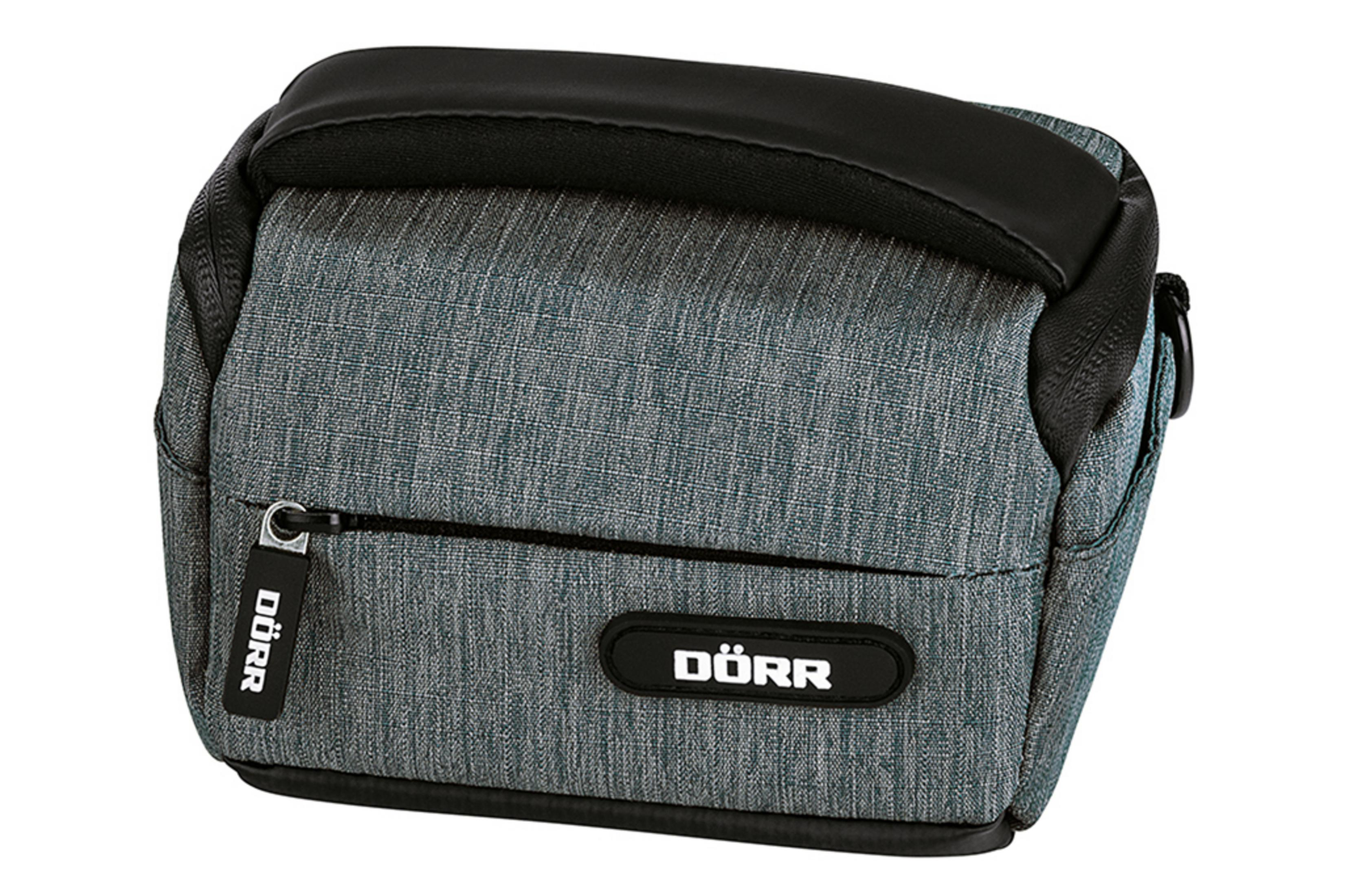 Una borsa per fotocamera grigia con parte superiore e cerniera nere, con il marchio 'DÖRR'.