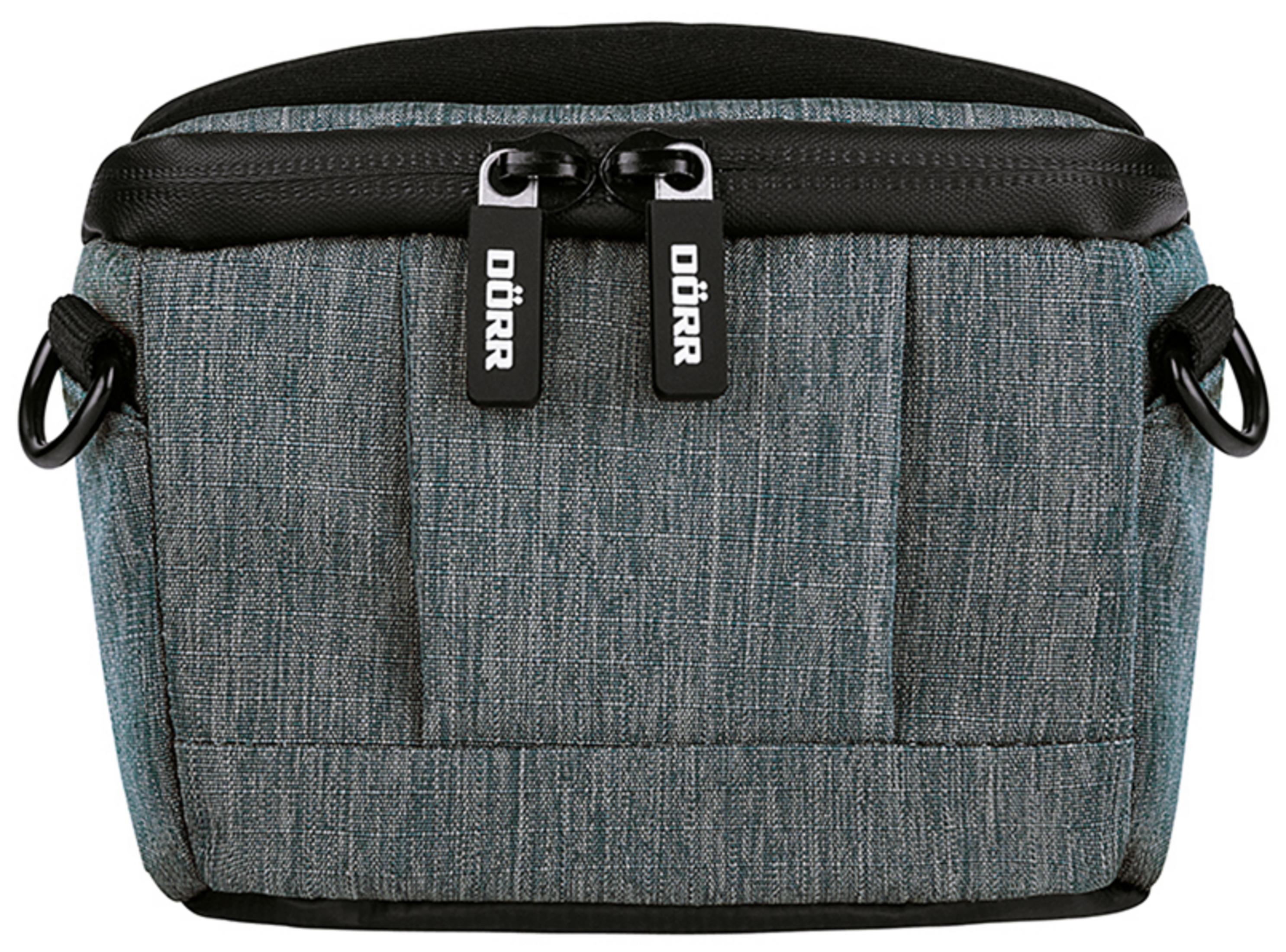 Borsa per fotocamera grigia con cerniere e manici neri, con sfondo bianco. Il marchio è visibile.