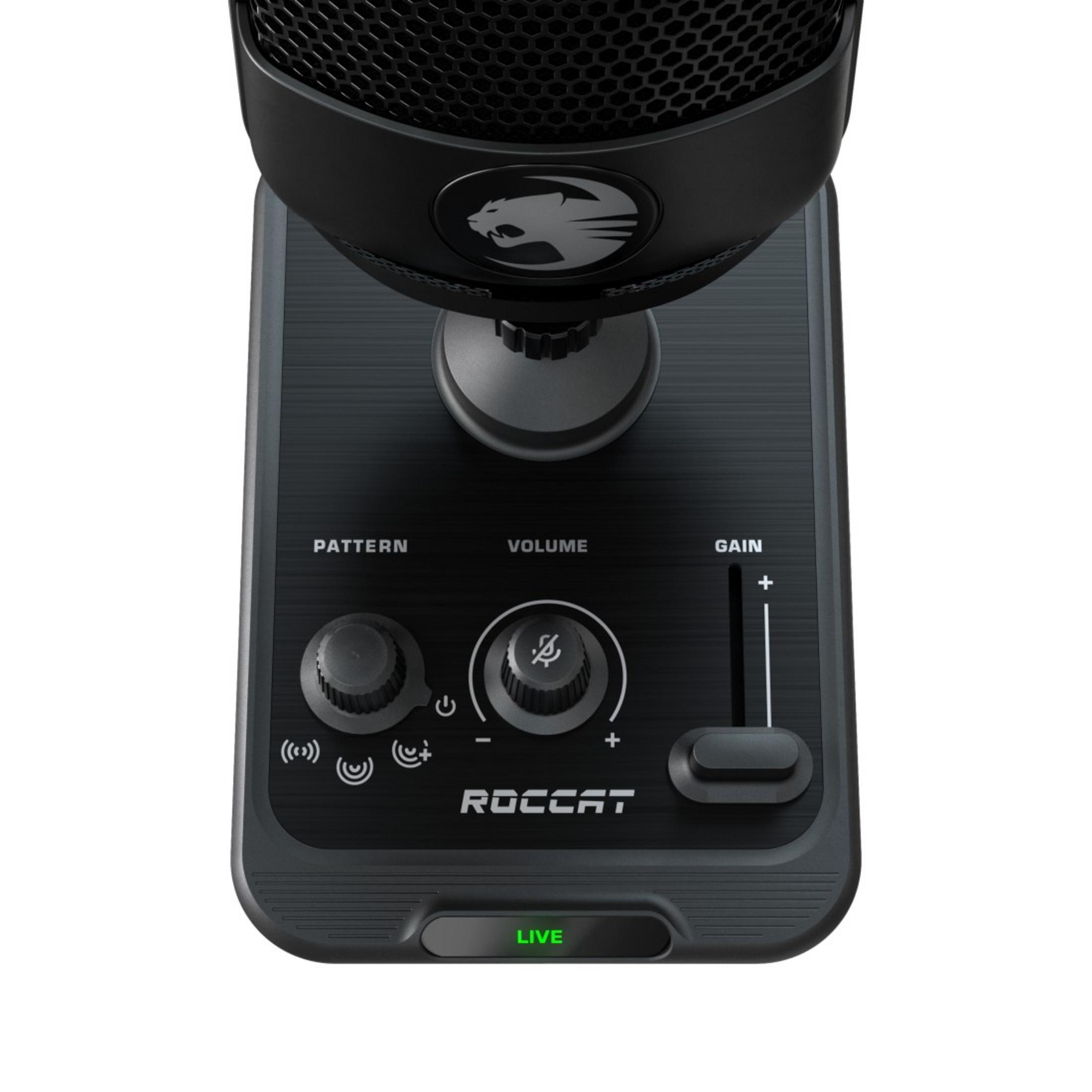 Ein schwarzer Mikrofonfuß mit Drehreglern und einer Live-Taste. Das Wort „ROCCAT“ ist sichtbar.