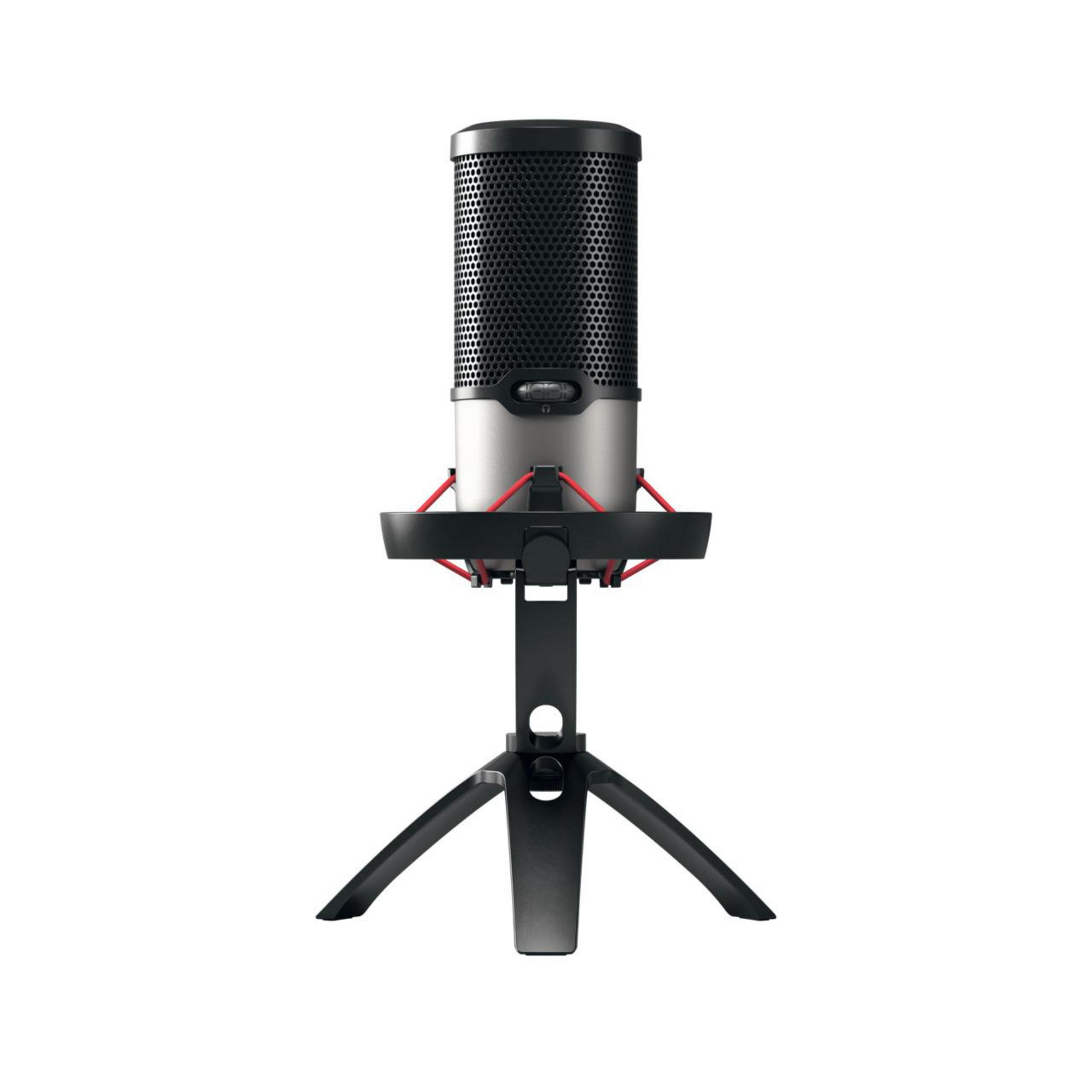 Zilveren en zwarte microfoon op een zwart statief. Het heeft een cilindrisch lichaam en rode accenten.
