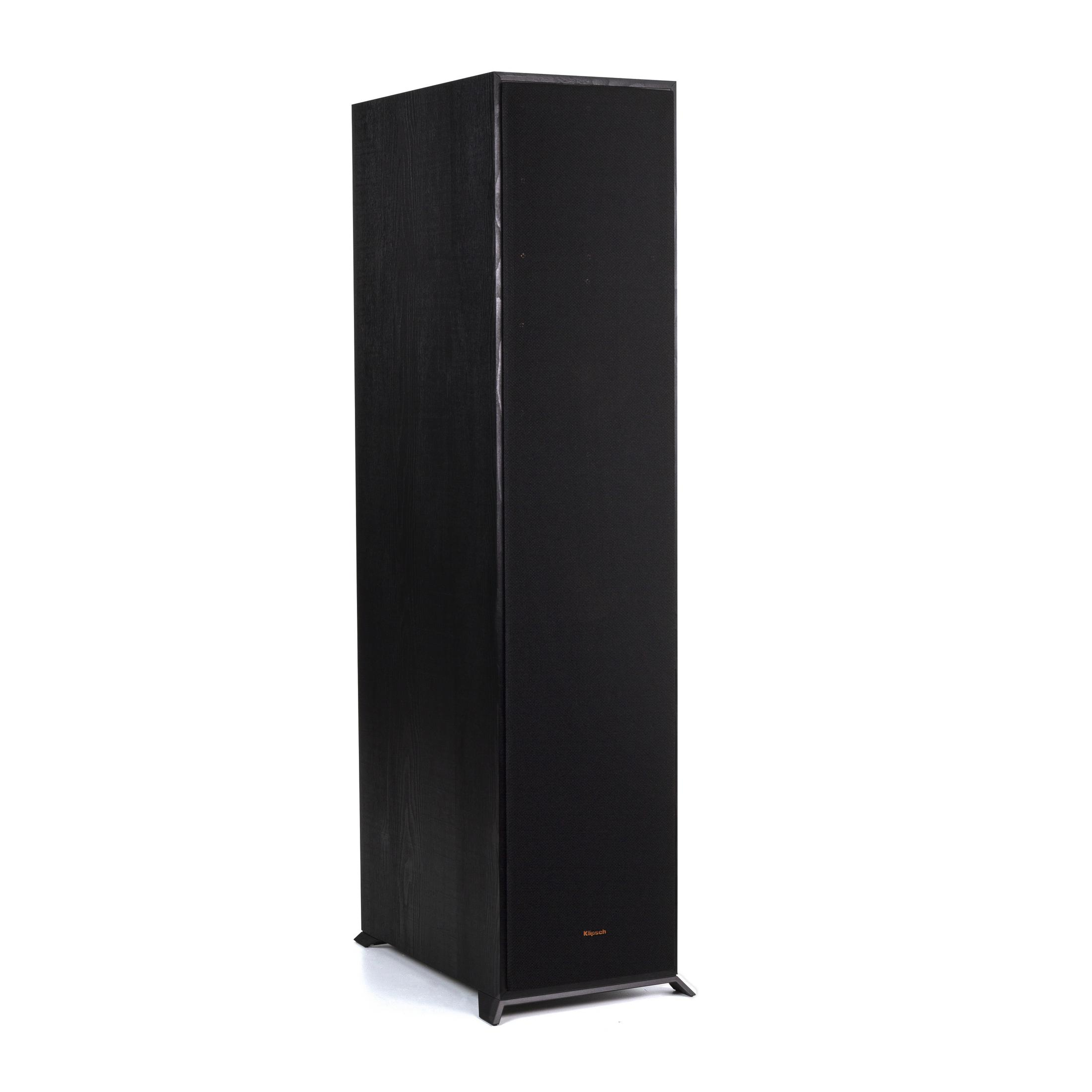 Ein hoher, schwarzer Klipsch-Lautsprecher auf weißem Hintergrund, mit schlankem Design.