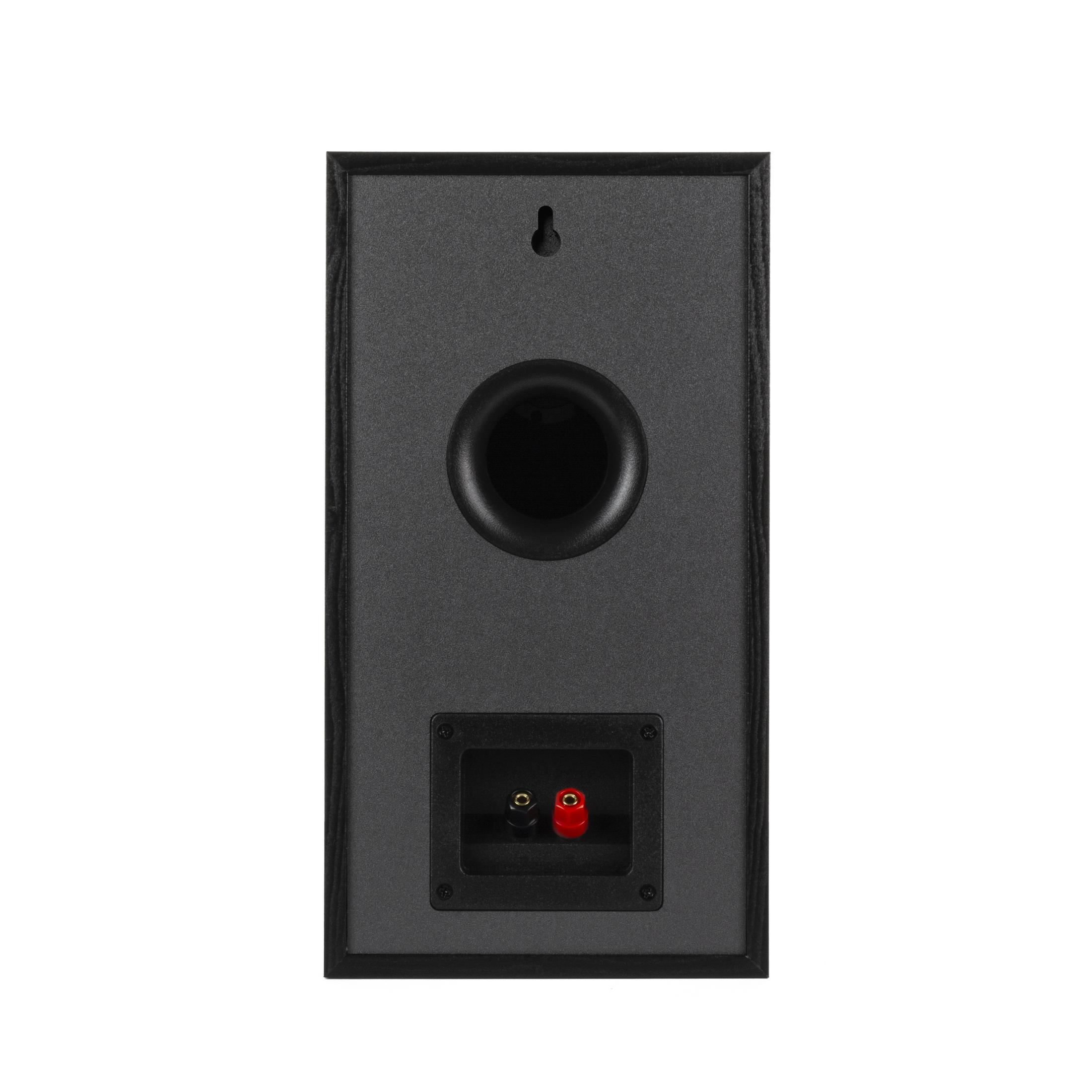 Retro di un altoparlante nero, mostra connessioni e una porta grande. Legno venato.
