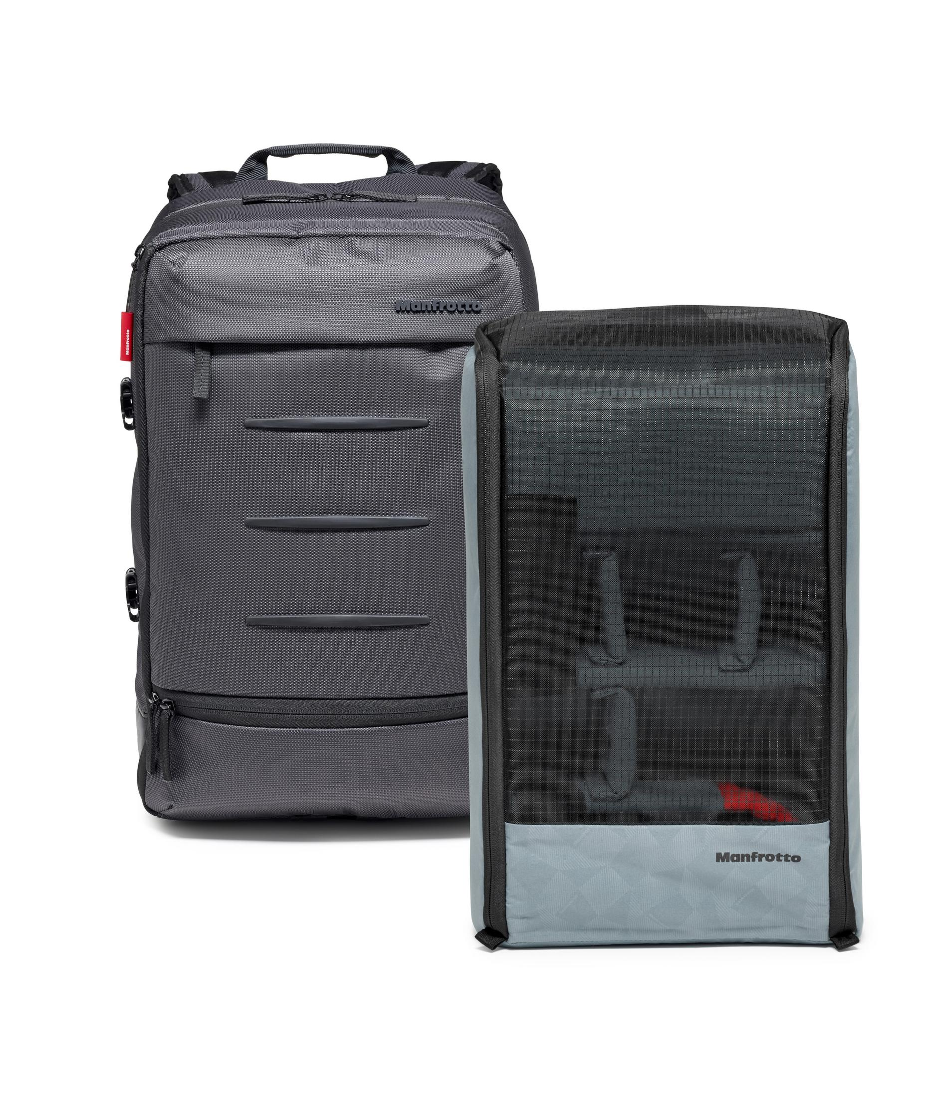 Zwei Manfrotto Kamerataschen. Eine ist ein Rucksack, eine andere eine Tasche darin.