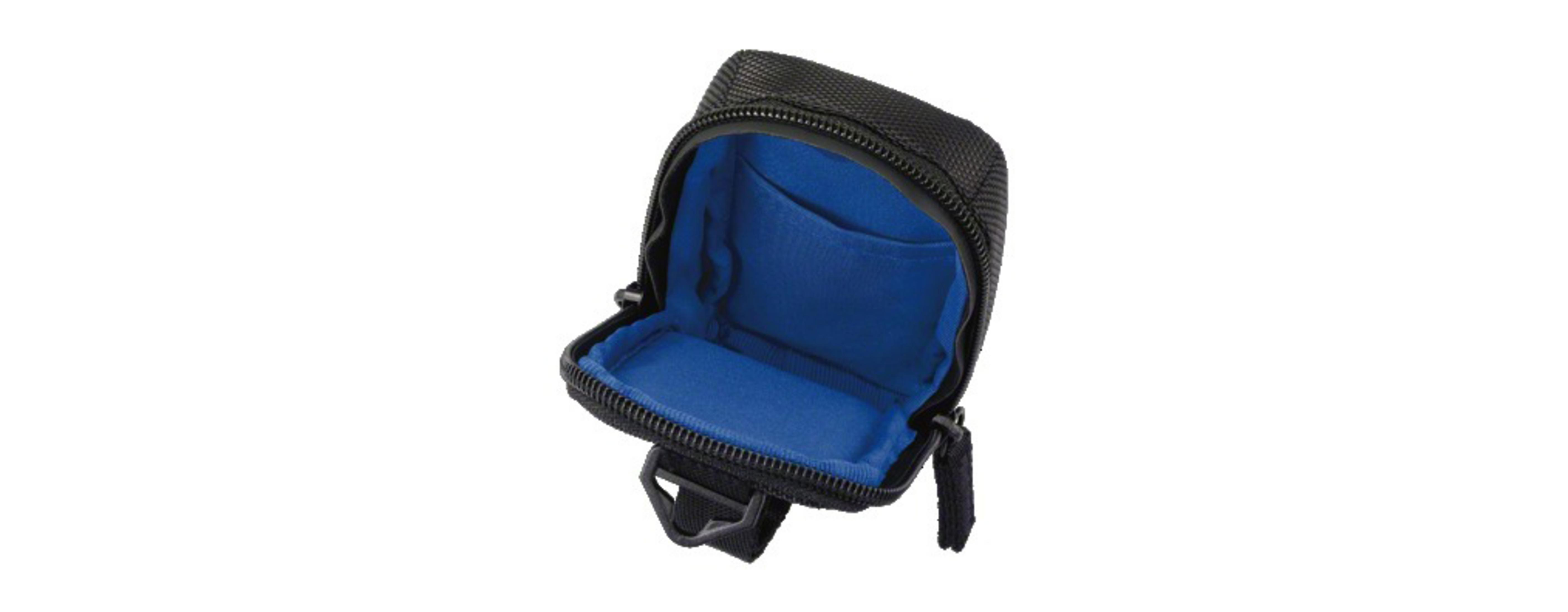 Schwarze, offene, kleine Tasche mit blauem Innenraum.