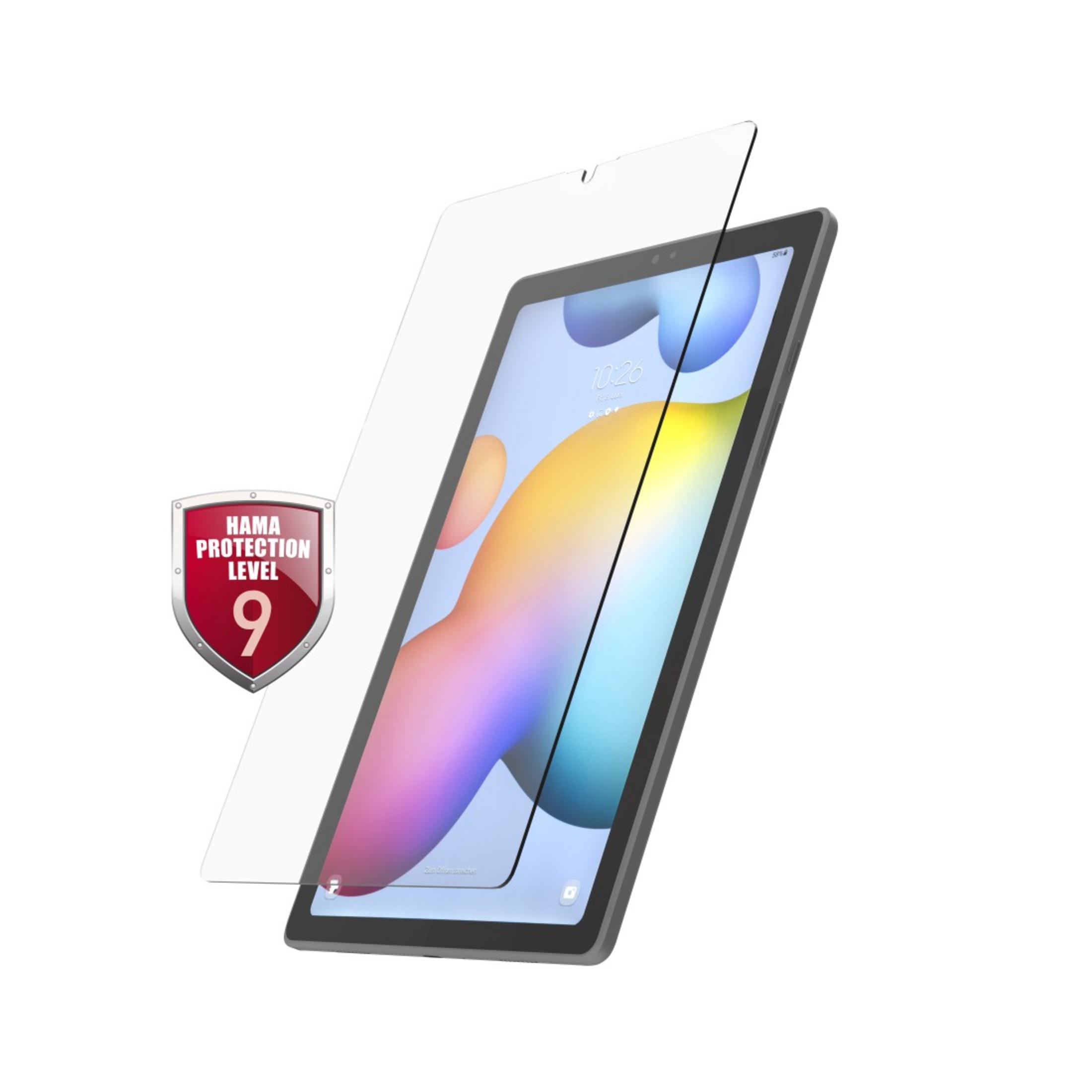 Tablet e protezione schermo. Vetro trasparente sopra il tablet. Adesivo Hama livello 9.