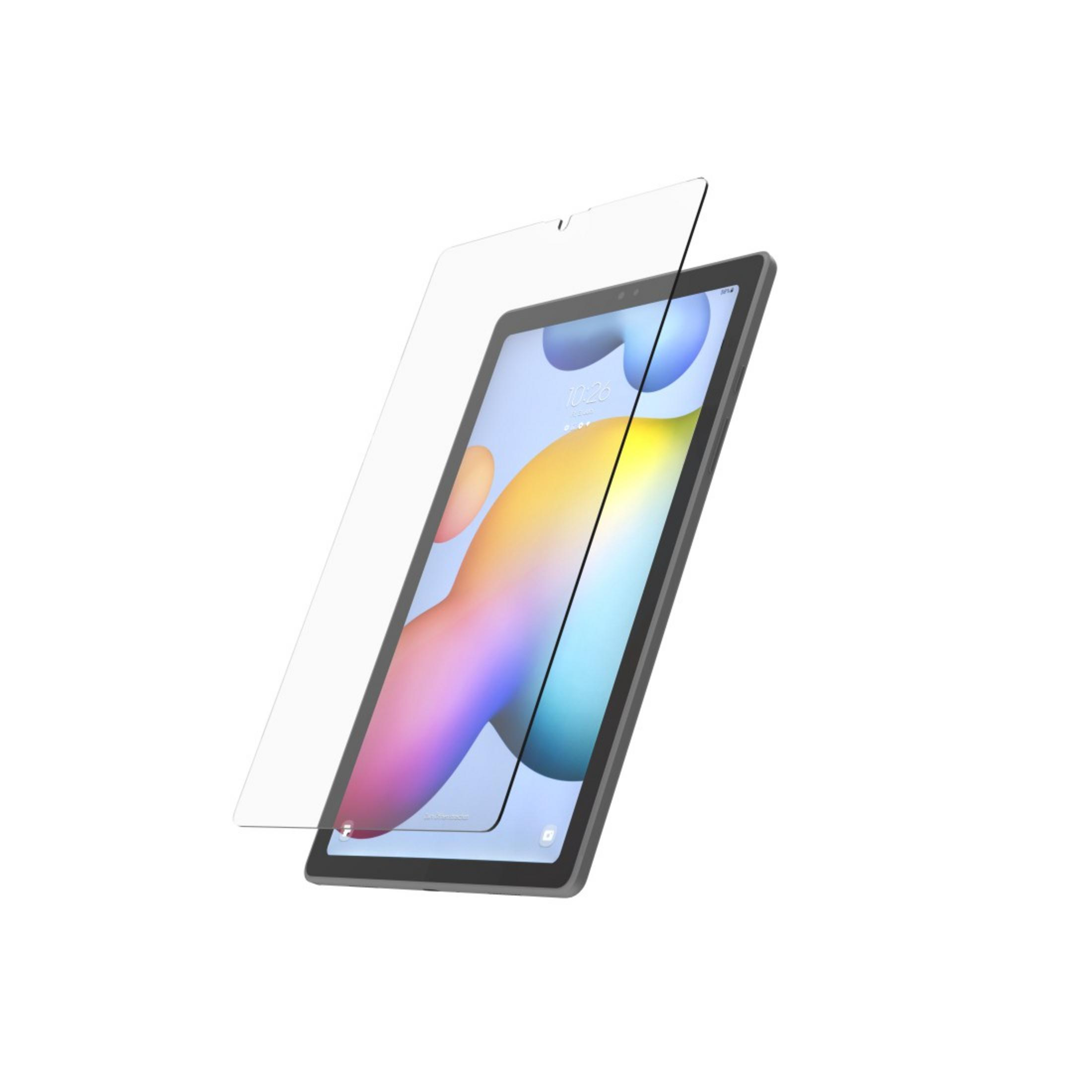 Tablet con protezione schermo. Sfondo bianco.