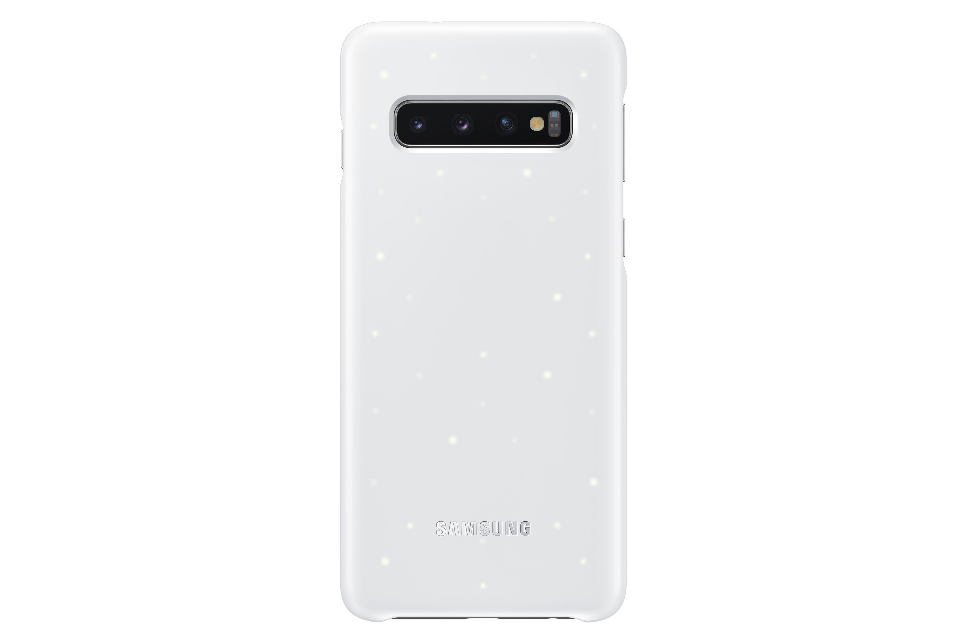 Weiße Handyhülle mit sternförmigen Lichtern und Samsung-Logo unten.