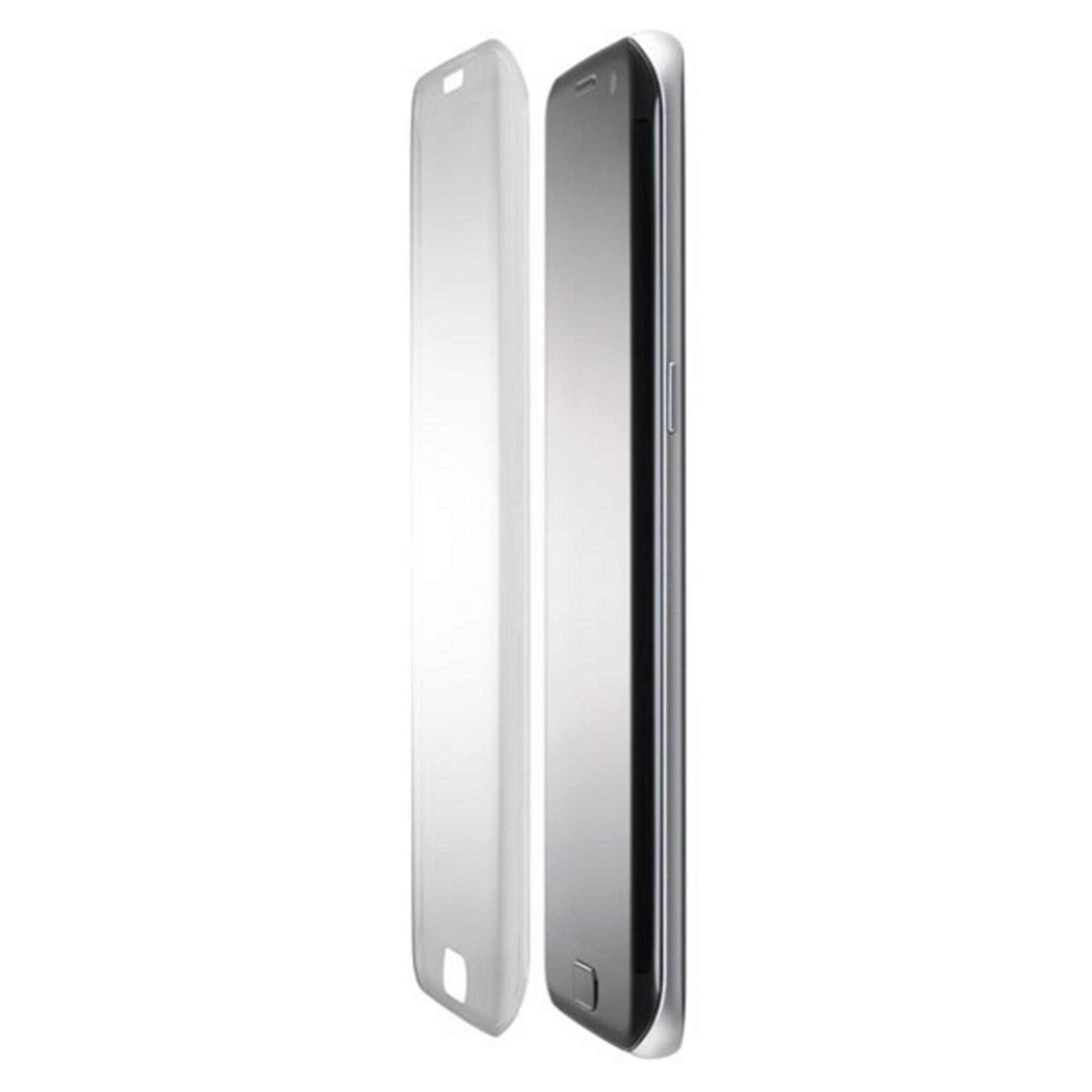 Un teléfono y una funda transparente. El teléfono es plateado y la funda es transparente.