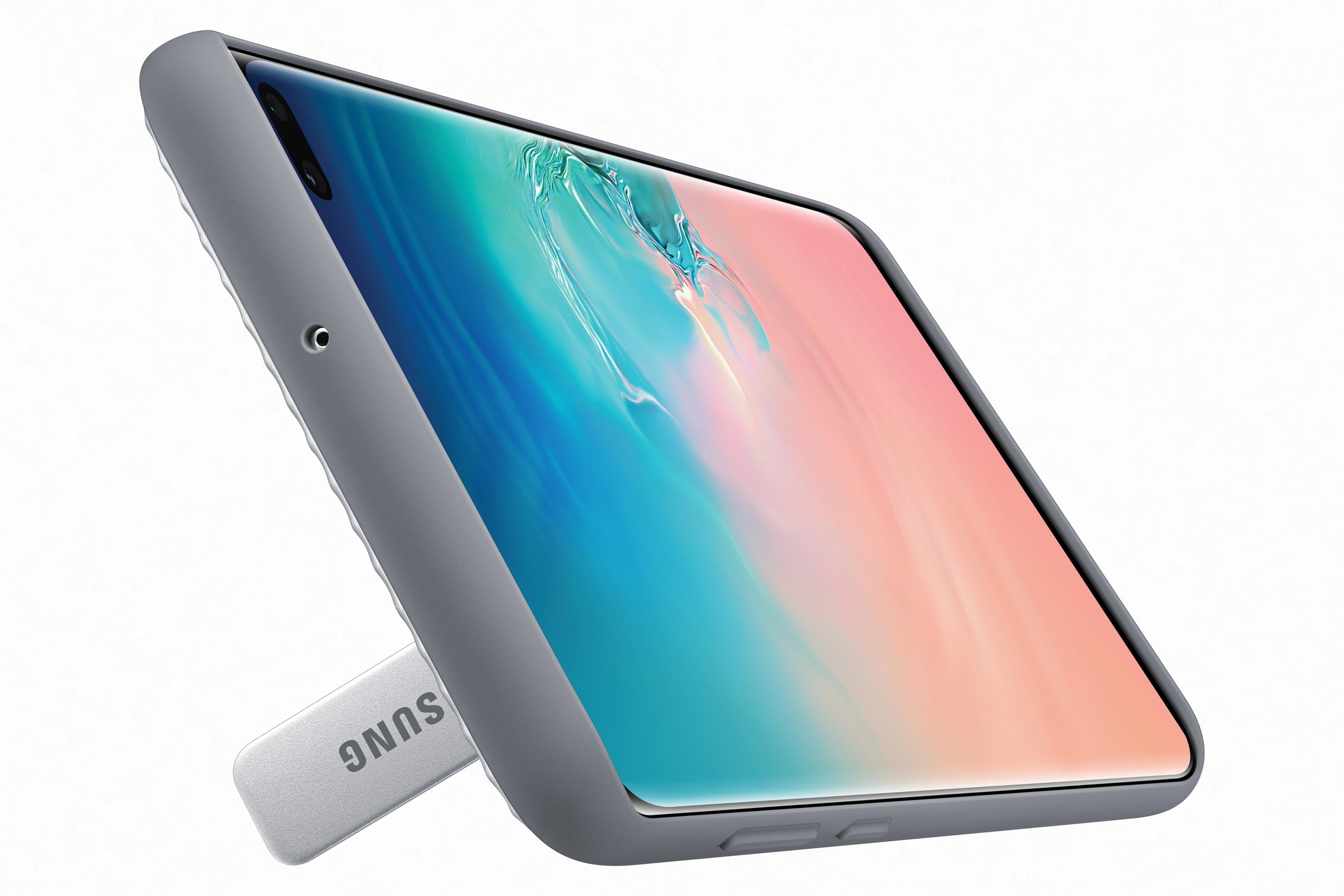 Graue Handyhülle mit Telefon und Ständer mit SAMSUNG-Schriftzug.