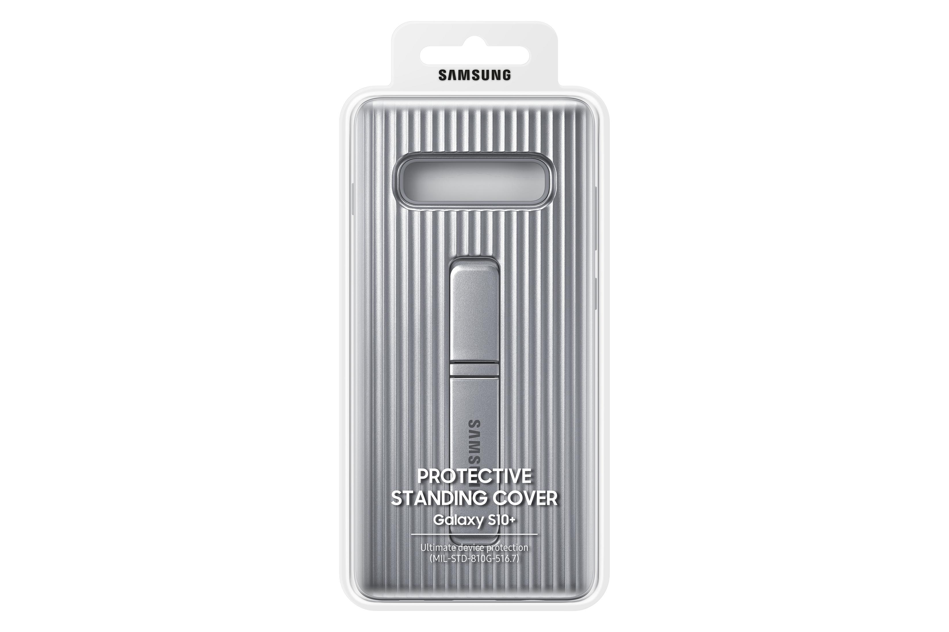 Schützende Stand-Hülle für Samsung Galaxy S10+. Silberne und transparente Hülle mit Ständer.