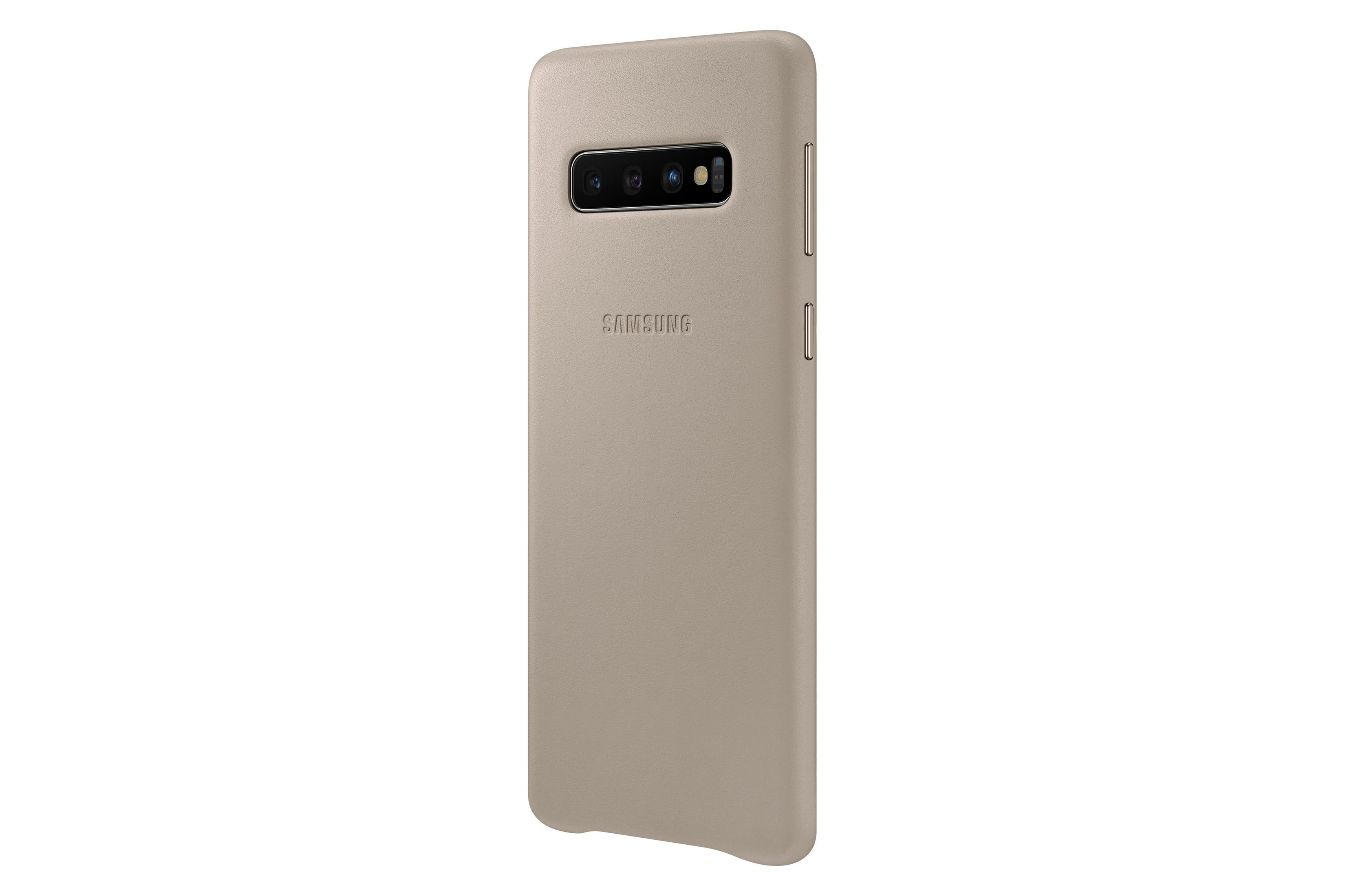 Eine beige Samsung-Handyhülle mit drei Kameralinsen auf der Rückseite.