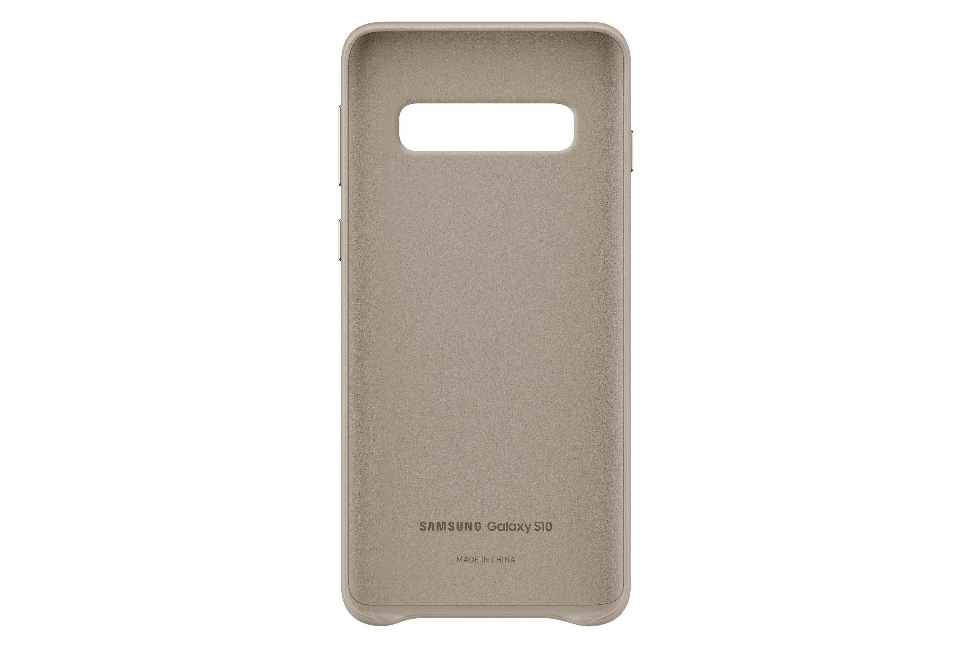 Beige Handyhülle mit Samsung Galaxy S10 Logo und Text auf weißer Oberfläche.