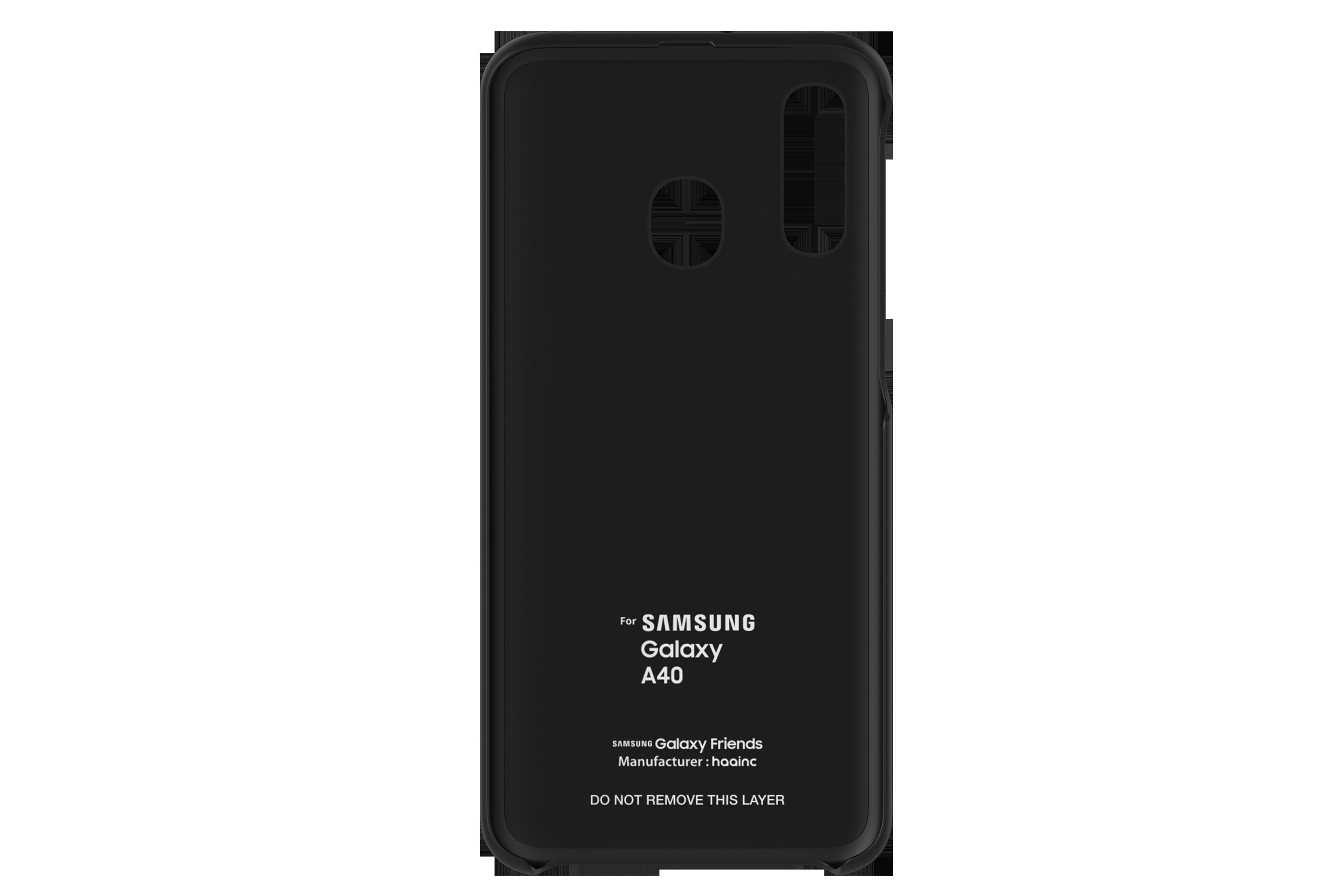 Custodia per telefono nera, vista posteriore, per Samsung Galaxy A40. Testo: Per Samsung Galaxy A40.