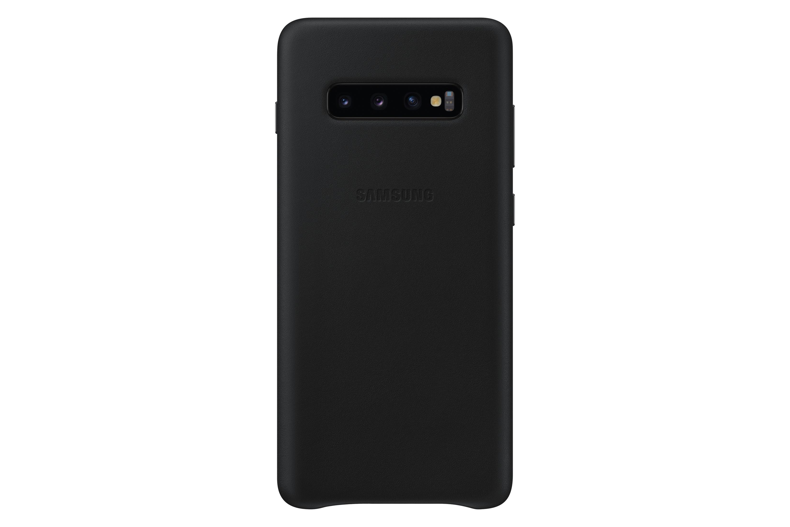 Custodia nera con logo Samsung e fotocamera. Vista posteriore.
