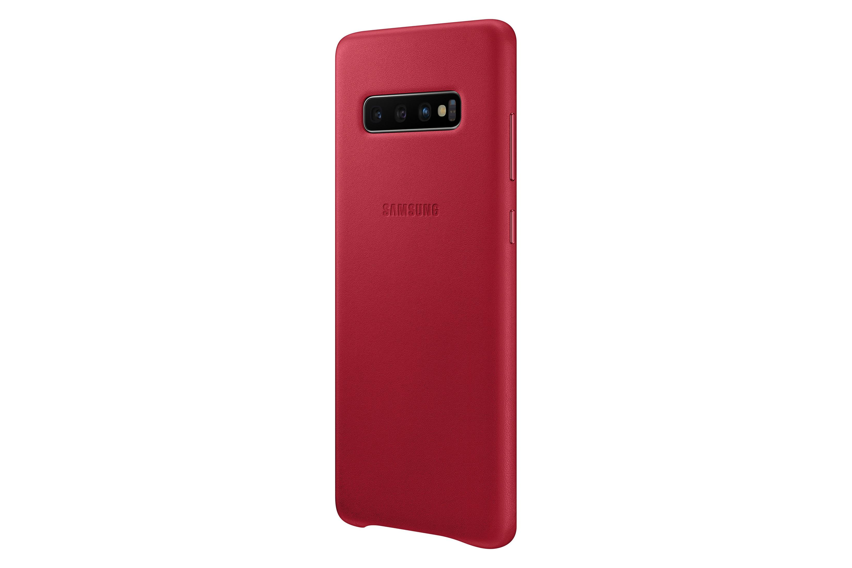 Custodia per telefono rossa con ritaglio per tripla fotocamera. Il logo SAMSUNG è visibile.