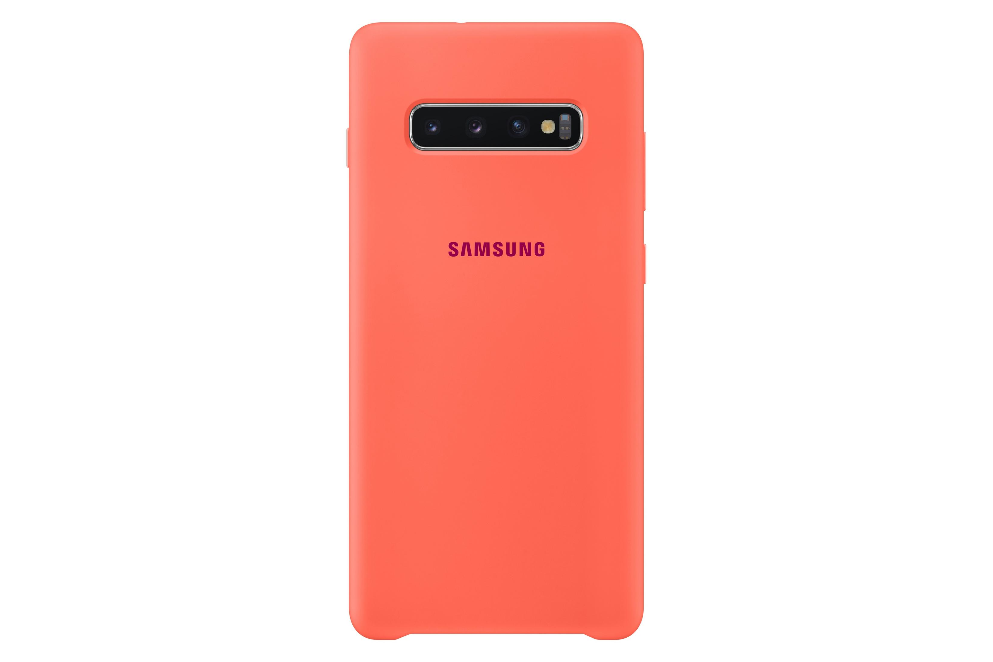 Custodia per telefono color corallo con configurazione a tripla fotocamera e logo Samsung sul retro.