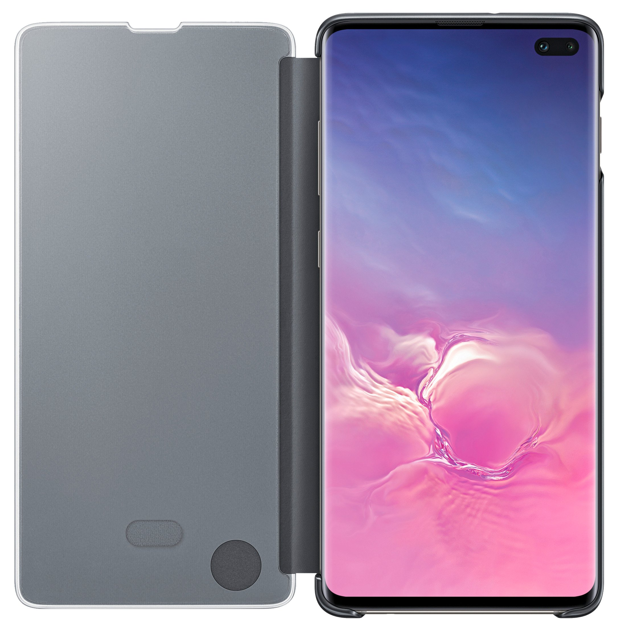 Geöffnete Handyhülle mit Telefon. Das Telefon ist schwarz, mit blau-lila Display.