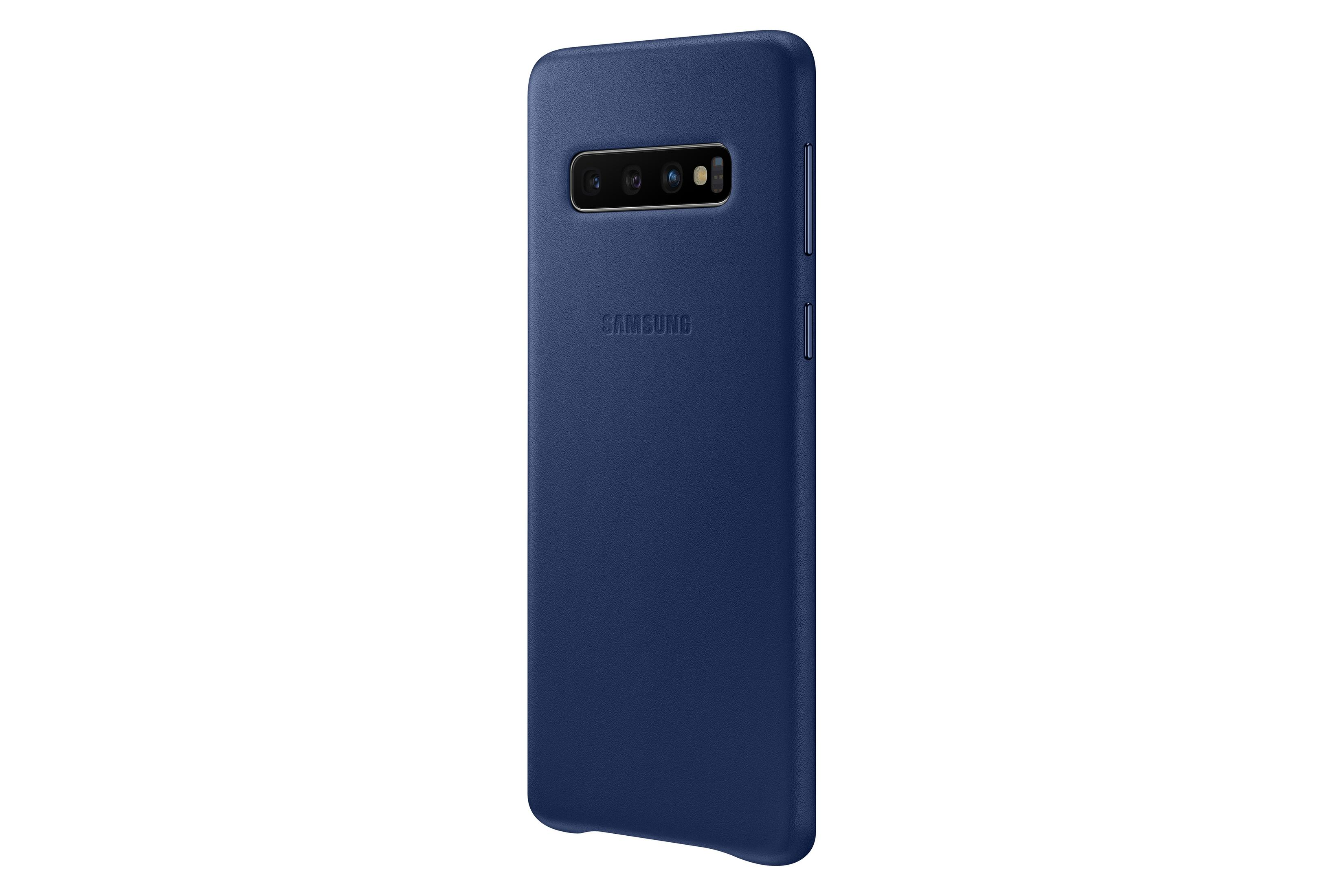 Custodia blu scuro per telefono con ritaglio per fotocamera. Logo Samsung visibile.
