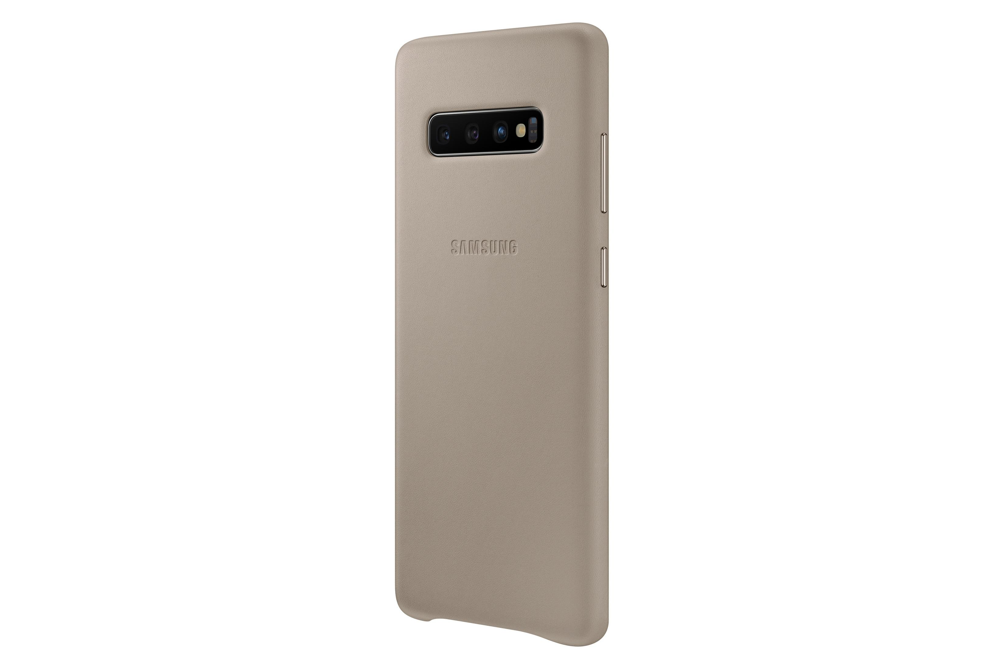 Custodia color beige con logo Samsung. Copre il retro del telefono.