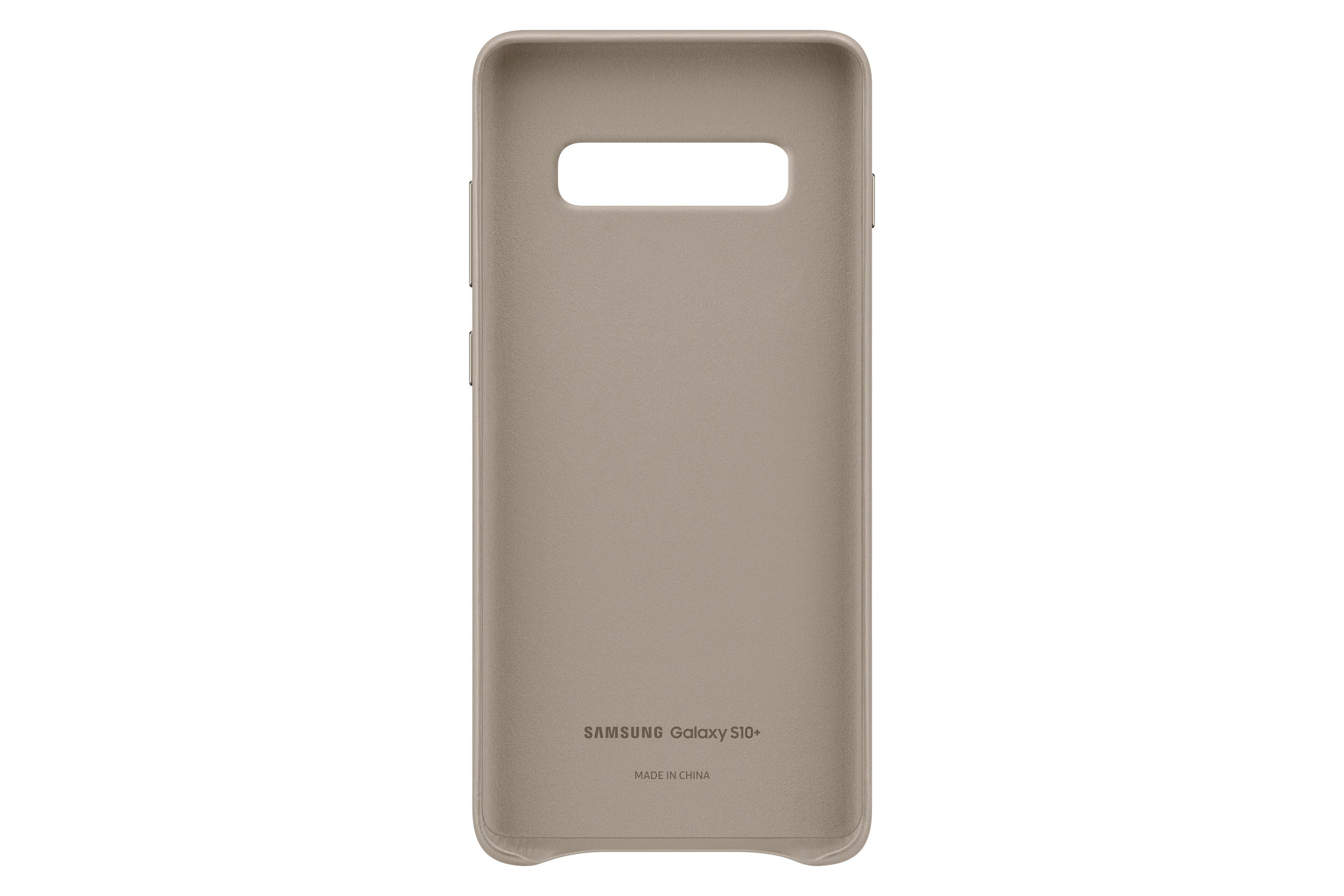 Una custodia per telefono beige con un ritaglio rettangolare e il logo 'SAMSUNG Galaxy S10+' in basso.